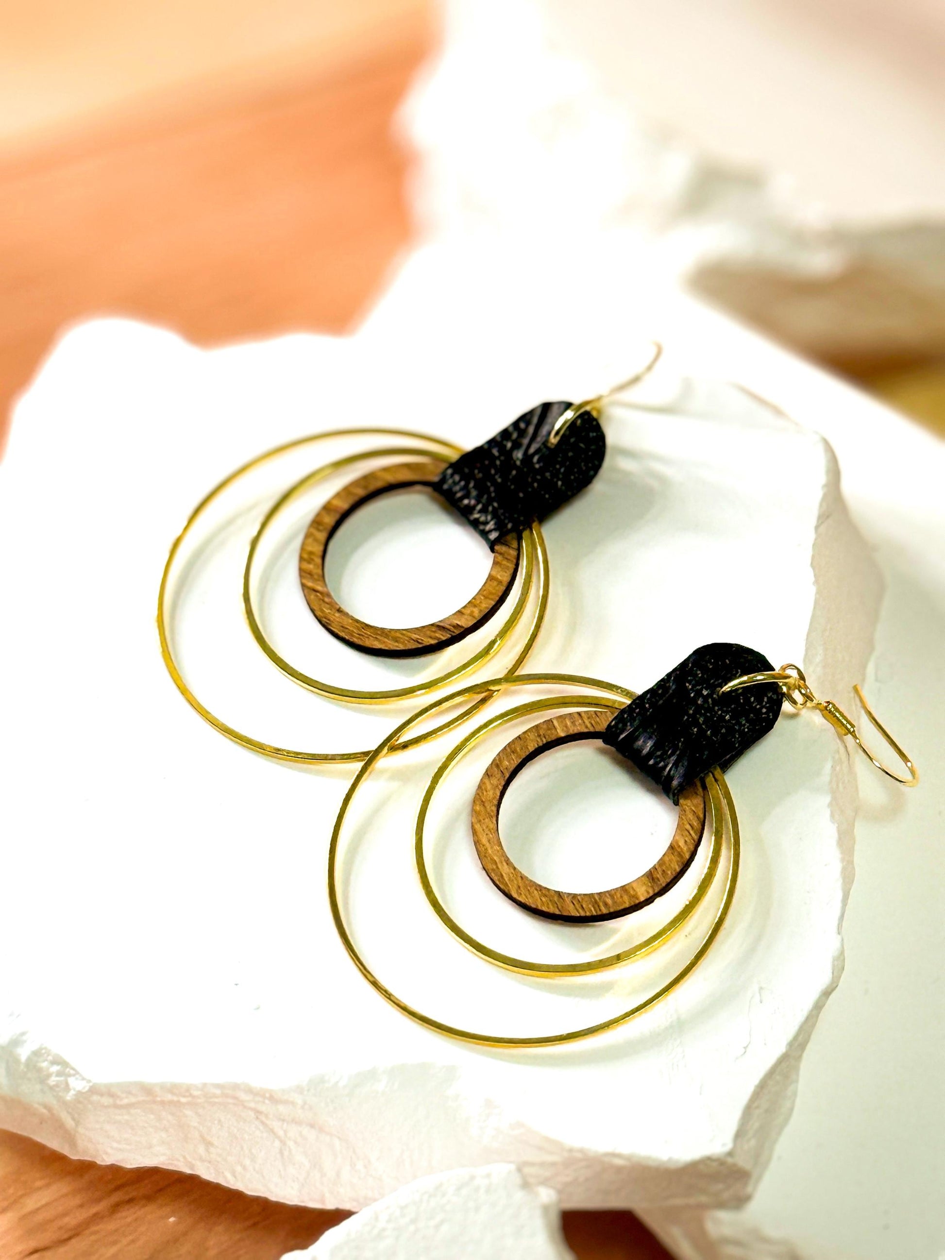 Handmade Black Leather & Gold Wooden Circle Drop Earrings - Unique Statement Jewelry