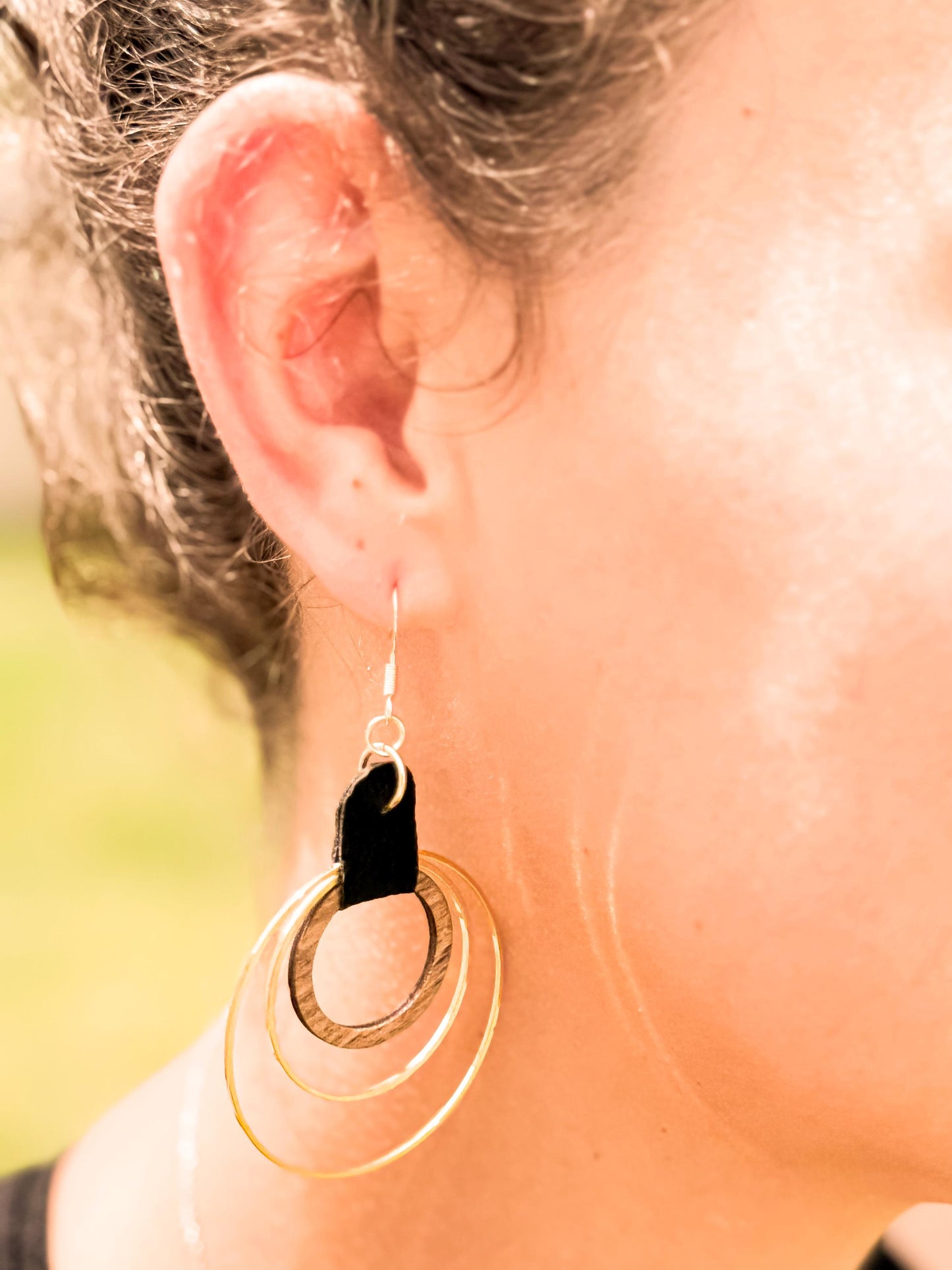 Handmade Black Leather & Gold Wooden Circle Drop Earrings - Unique Statement Jewelry