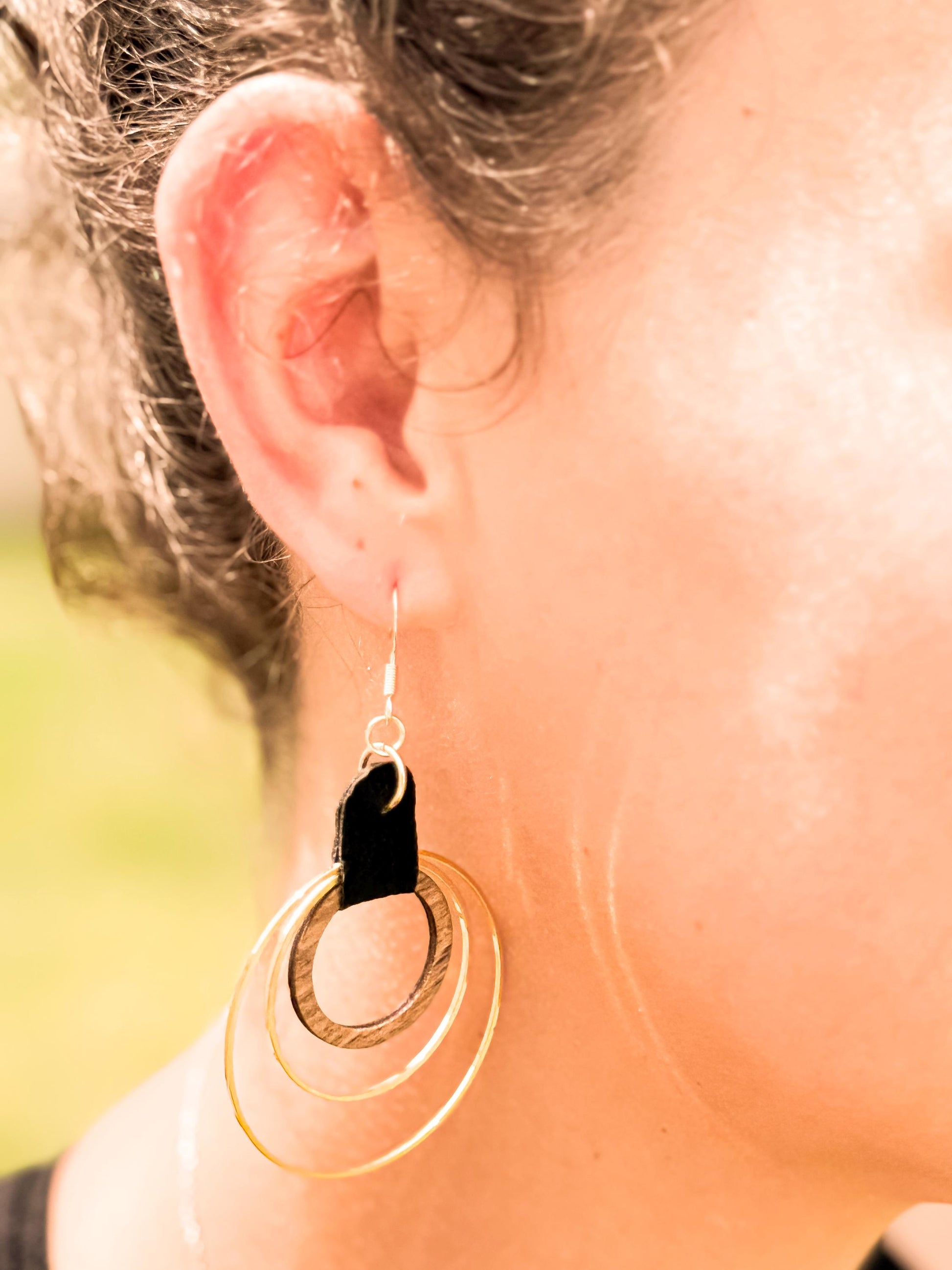 Handmade Black Leather & Gold Wooden Circle Drop Earrings - Unique Statement Jewelry