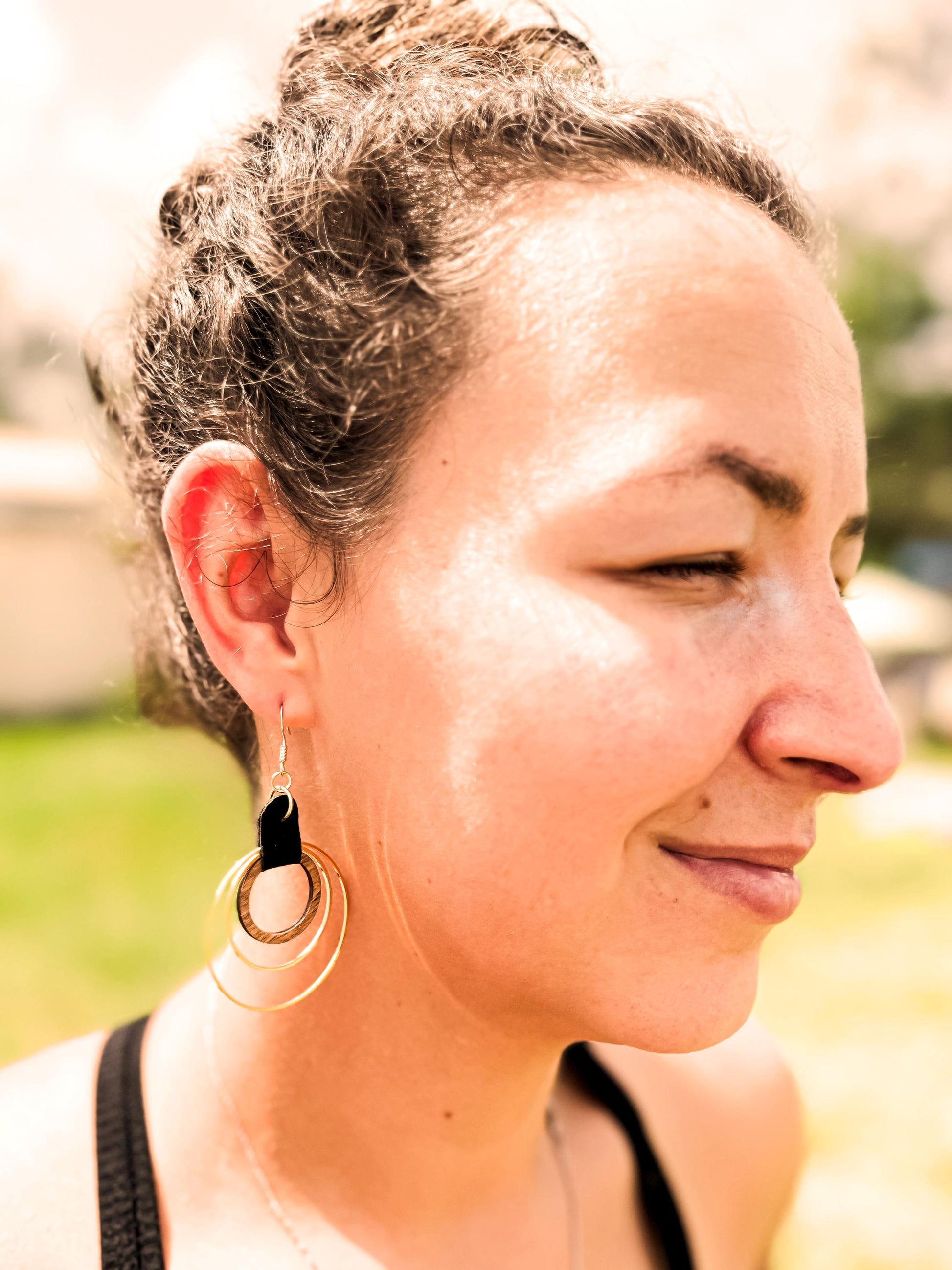 Handmade Black Leather & Gold Wooden Circle Drop Earrings - Unique Statement Jewelry