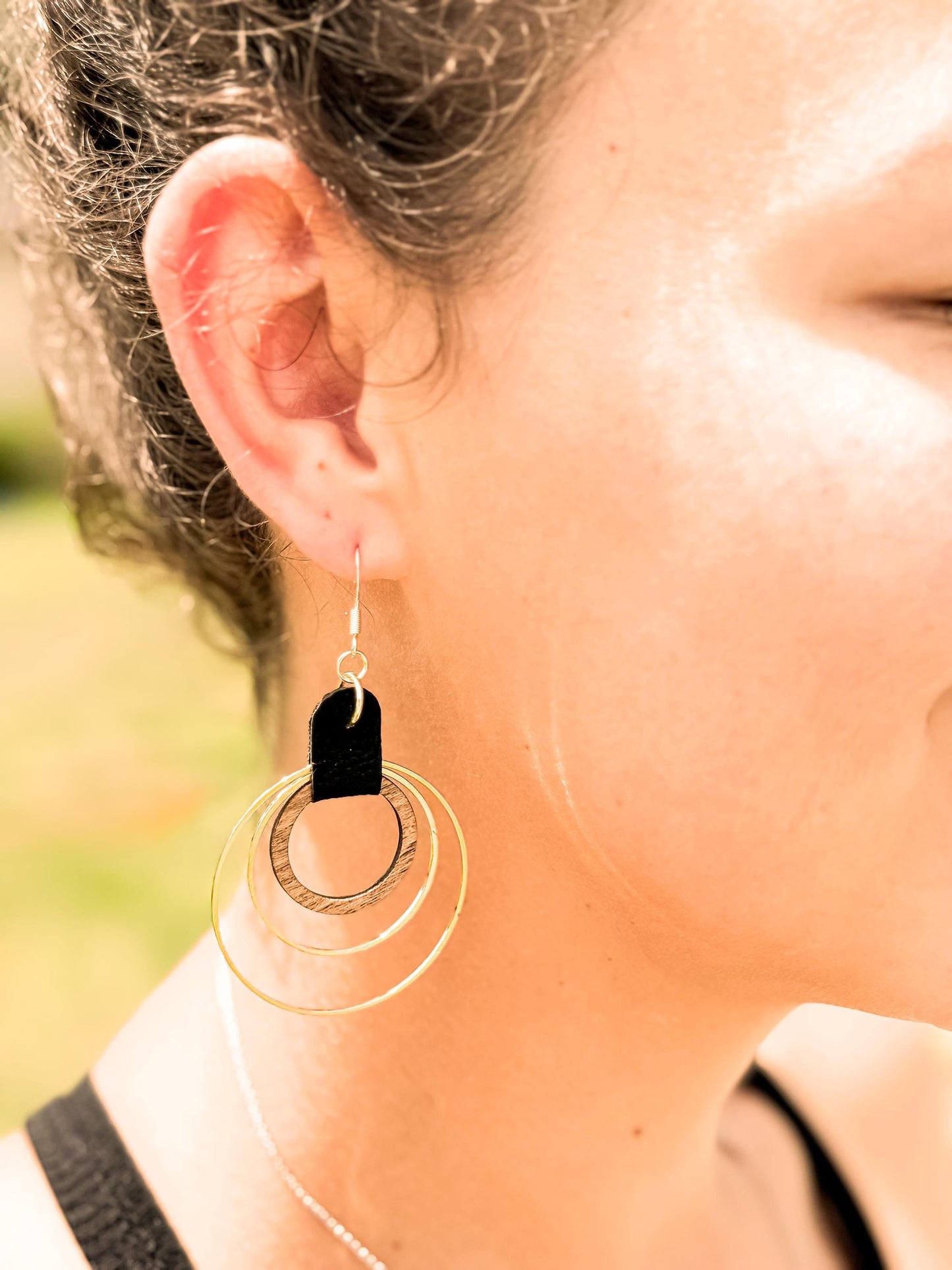 Handmade Black Leather & Gold Wooden Circle Drop Earrings - Unique Statement Jewelry