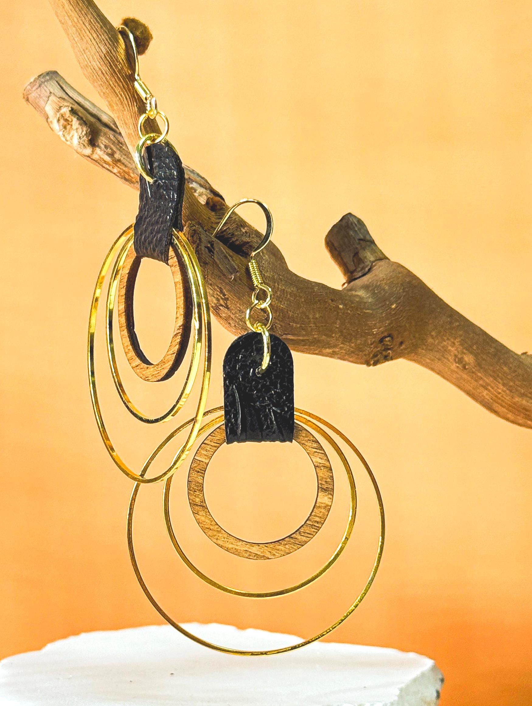 Handmade Black Leather & Gold Wooden Circle Drop Earrings - Unique Statement Jewelry