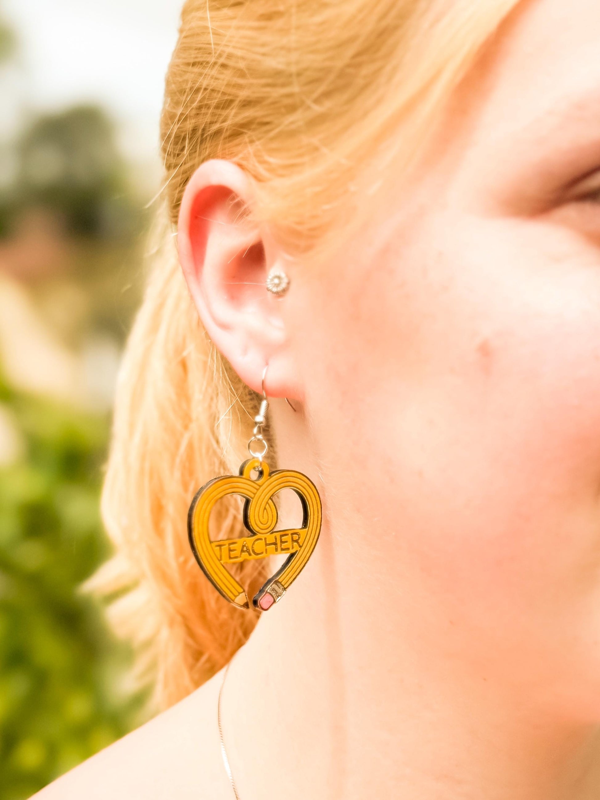 Customizable Teacher Pencil Heart Earrings – Woodcut & Engraved Design