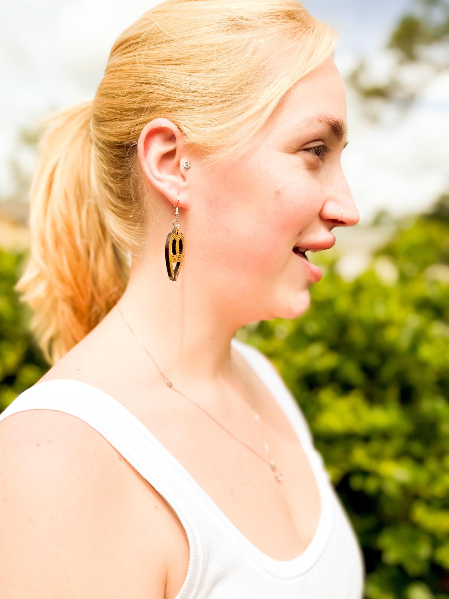 Customizable Teacher Pencil Heart Earrings – Woodcut & Engraved Design