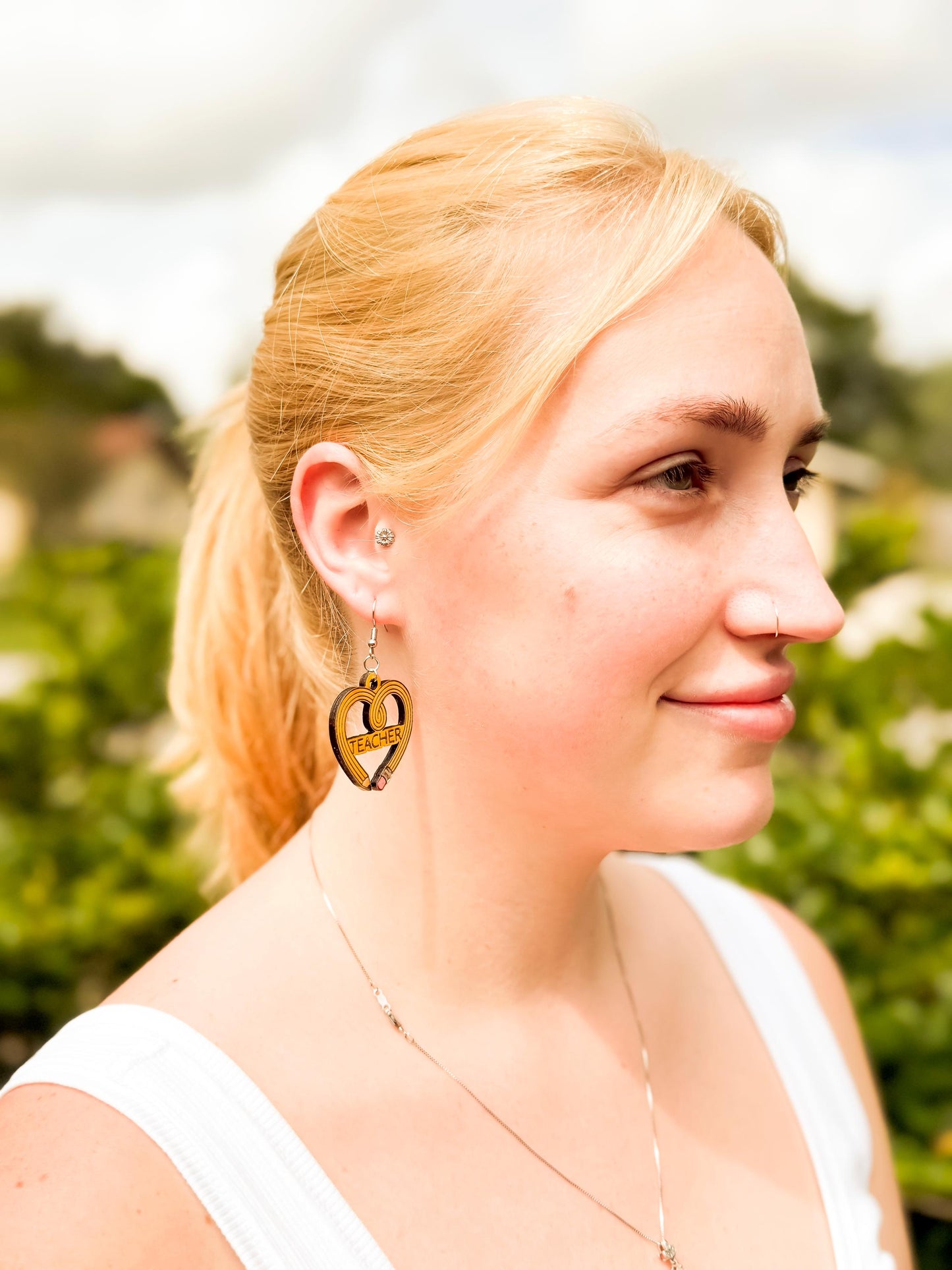 Customizable Teacher Pencil Heart Earrings – Woodcut & Engraved Design