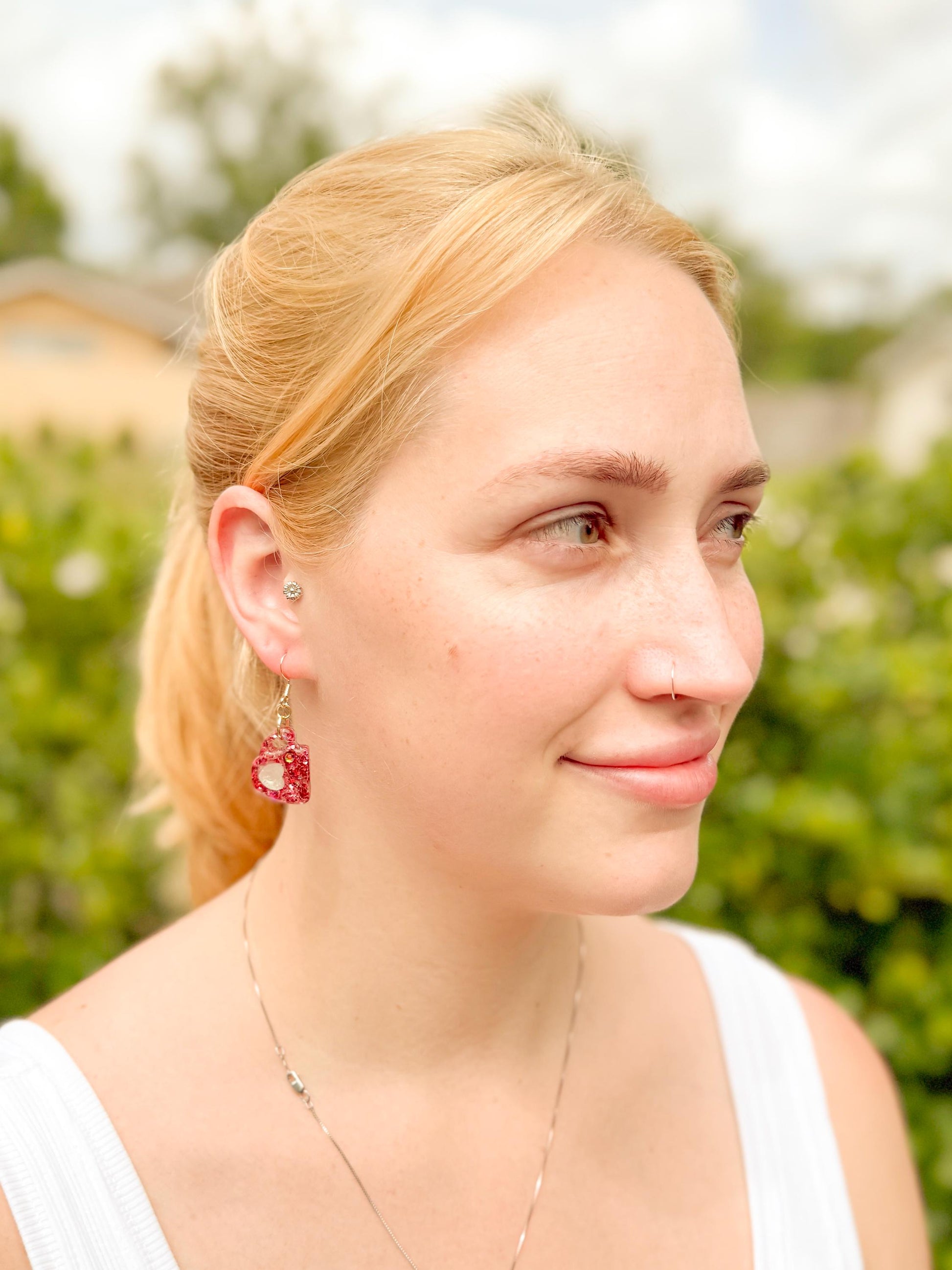Coffee Mug Earrings, Pink Resin Earrings | Glitter Cup Dangle • Handmade Barista-Lover Gift