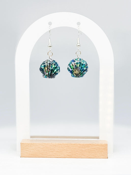 Glitter Resin Seashell Earrings: Hand-Painted Black Detail, Beach Jewelry