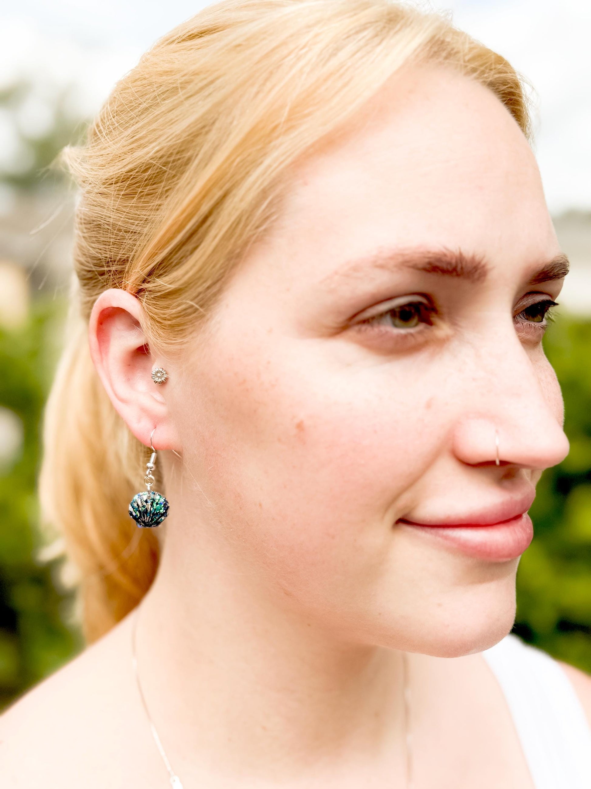 Glitter Resin Seashell Earrings: Hand-Painted Black Detail, Beach Jewelry