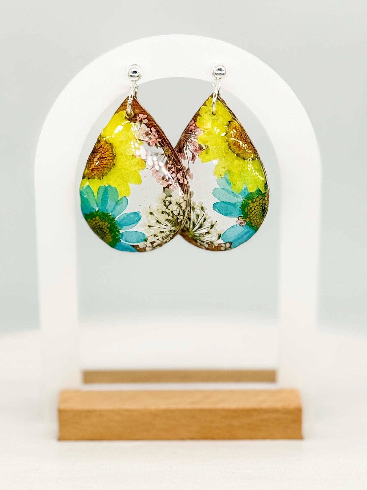 Teardrop Resin Wood Earrings: Real Pressed Sunflower & Daisy