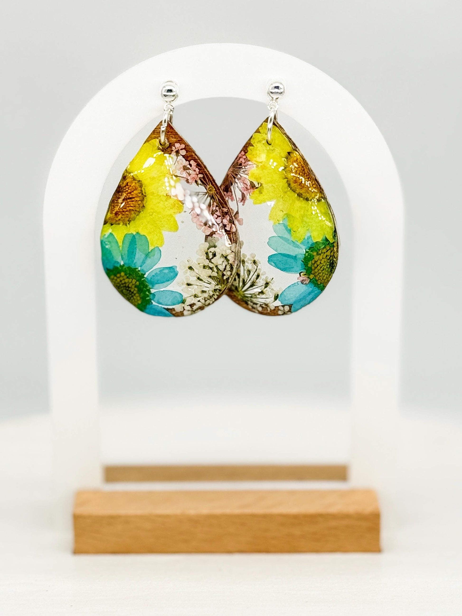 Teardrop Resin Wood Earrings: Real Pressed Sunflower & Daisy