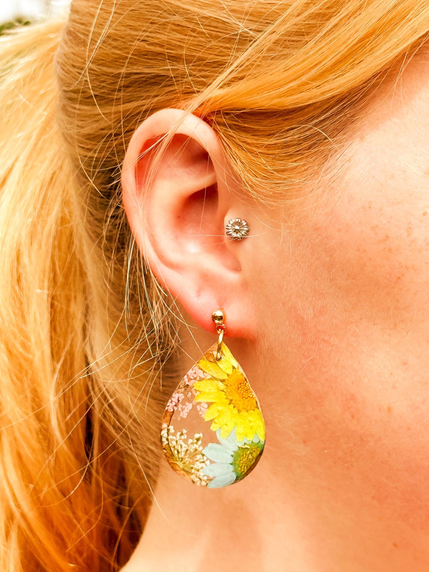 Teardrop Resin Wood Earrings: Real Pressed Sunflower & Daisy