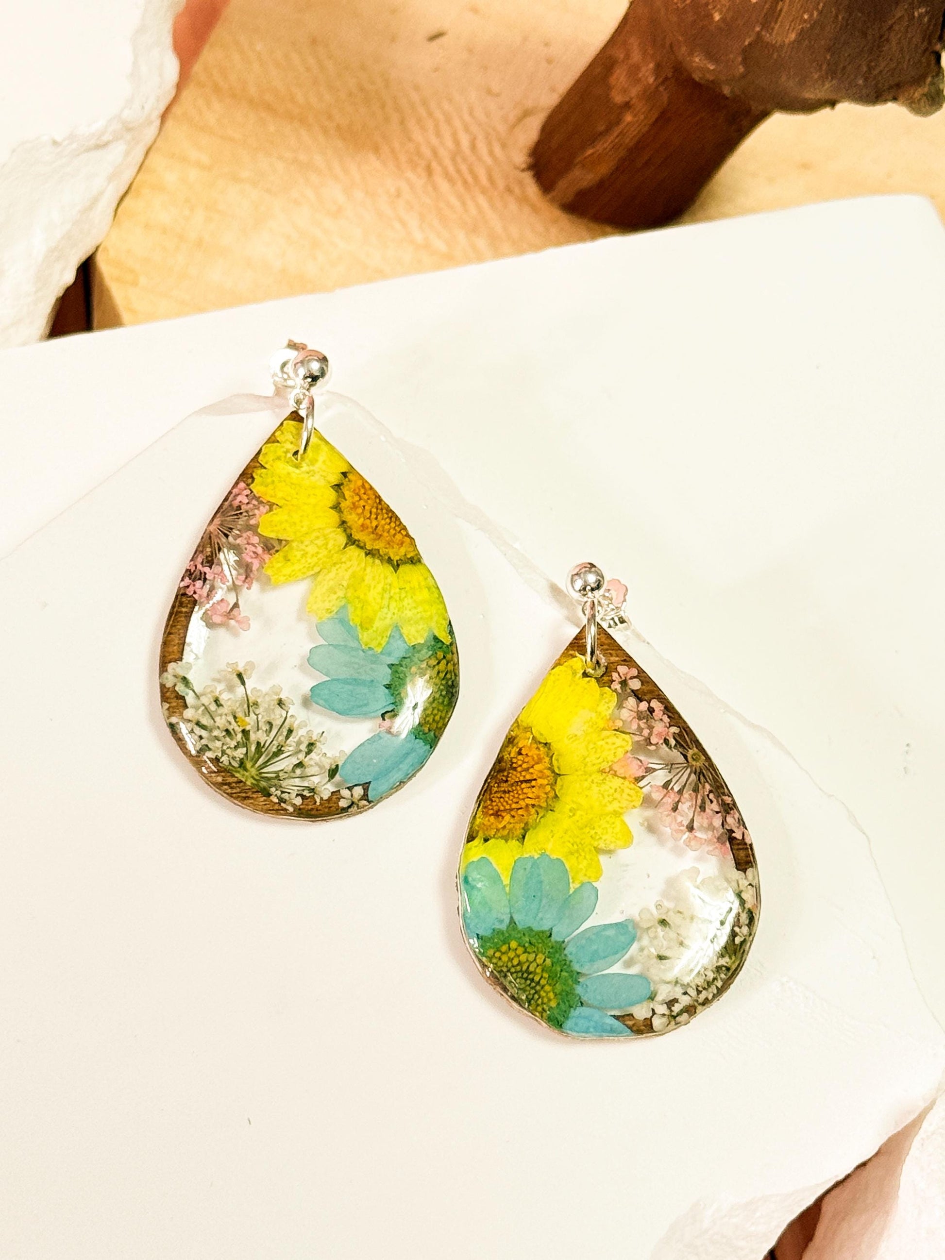 Teardrop Resin Wood Earrings: Real Pressed Sunflower & Daisy