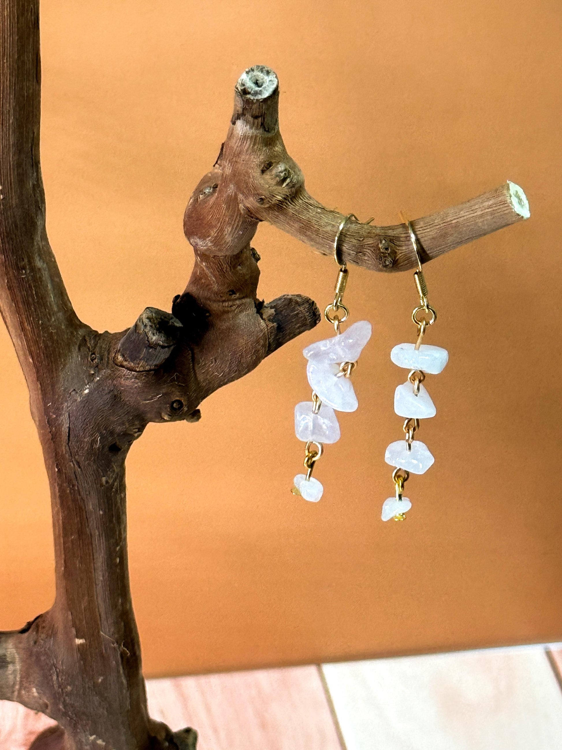 White Stone Chip Dangle Earrings – Handmade Real Gemstone Jewelry