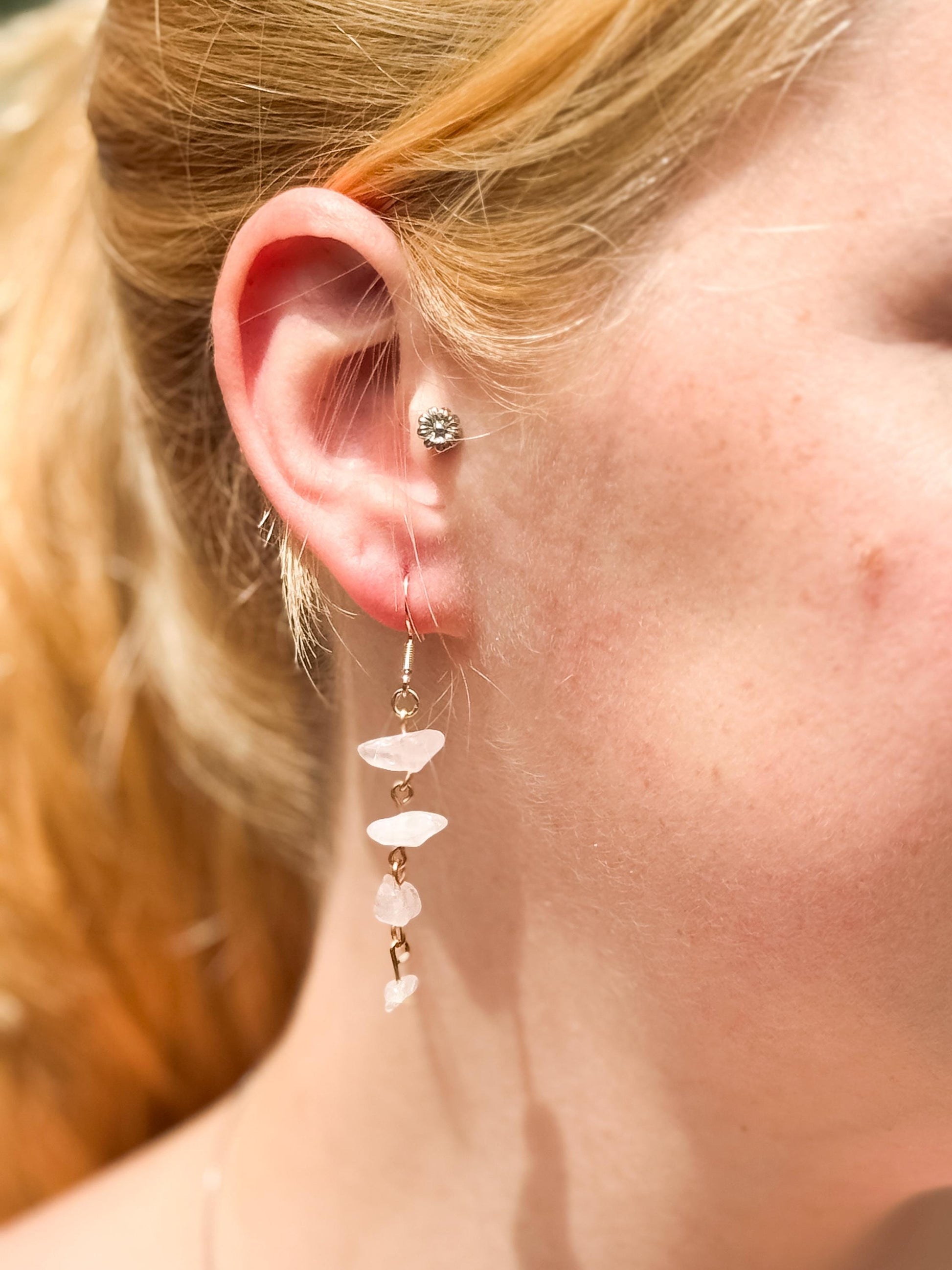 White Stone Chip Dangle Earrings – Handmade Real Gemstone Jewelry