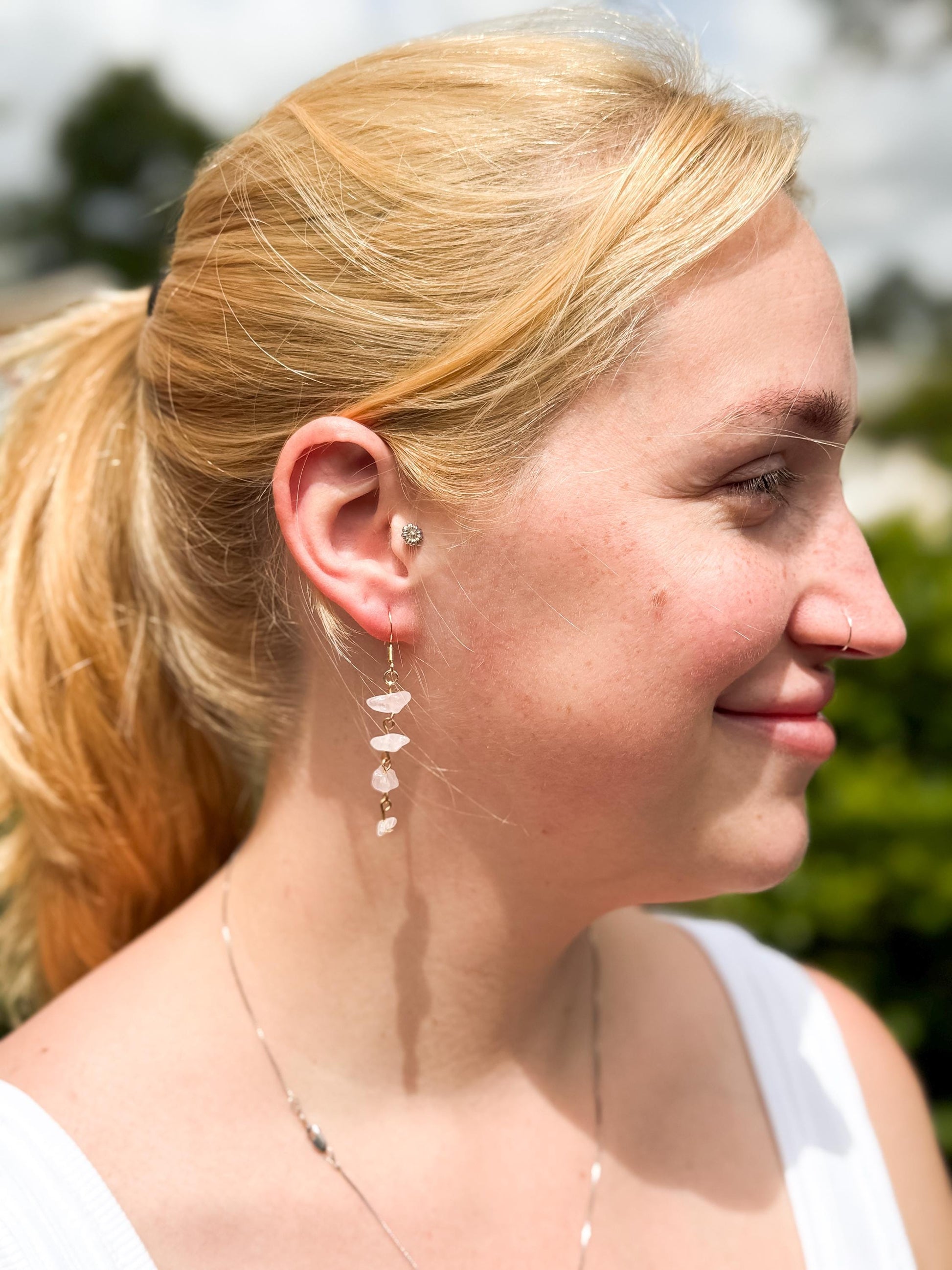 White Stone Chip Dangle Earrings – Handmade Real Gemstone Jewelry