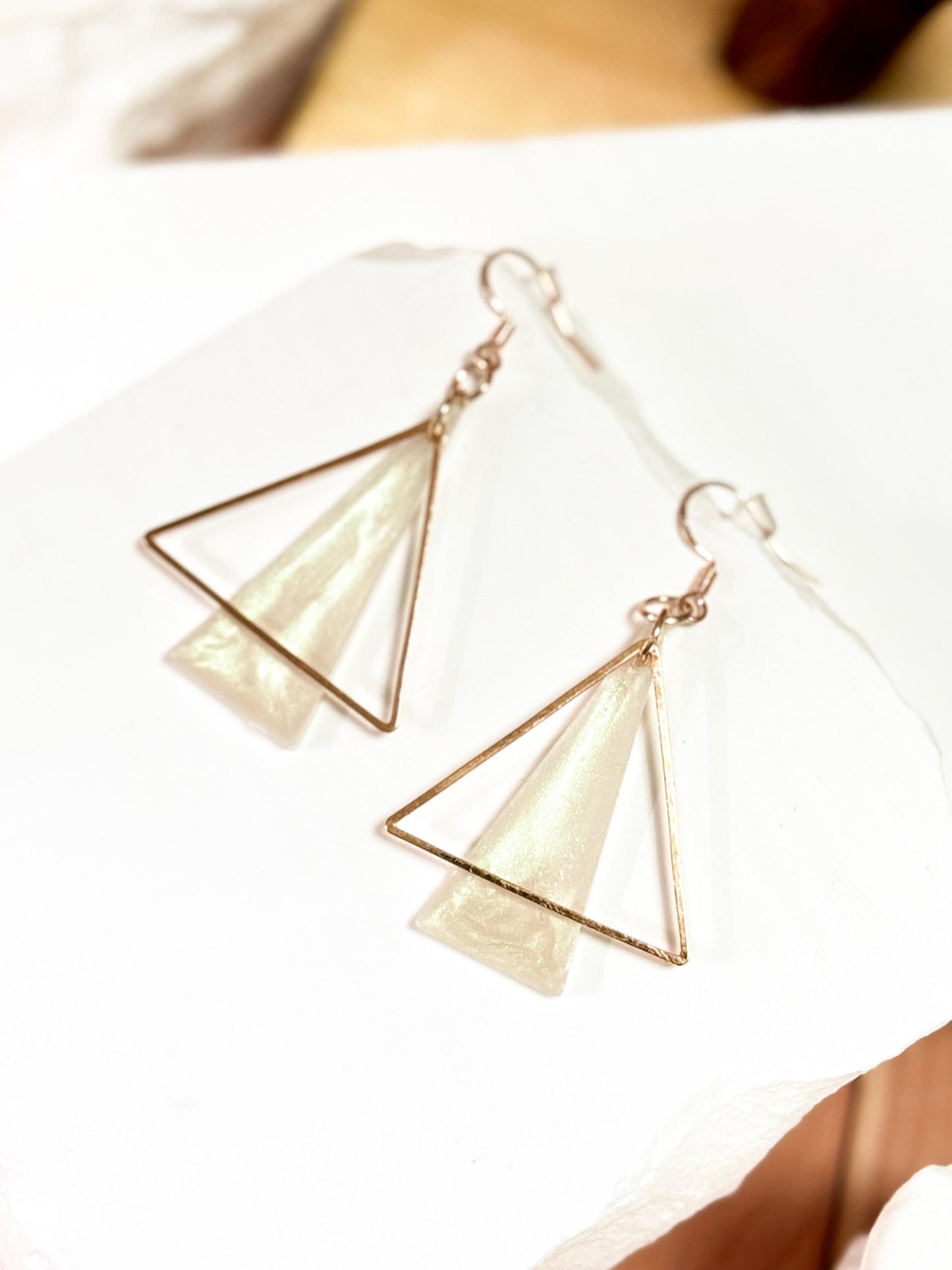 Rose Gold Triangle Earrings: Handmade Pearlescent Resin Dangle