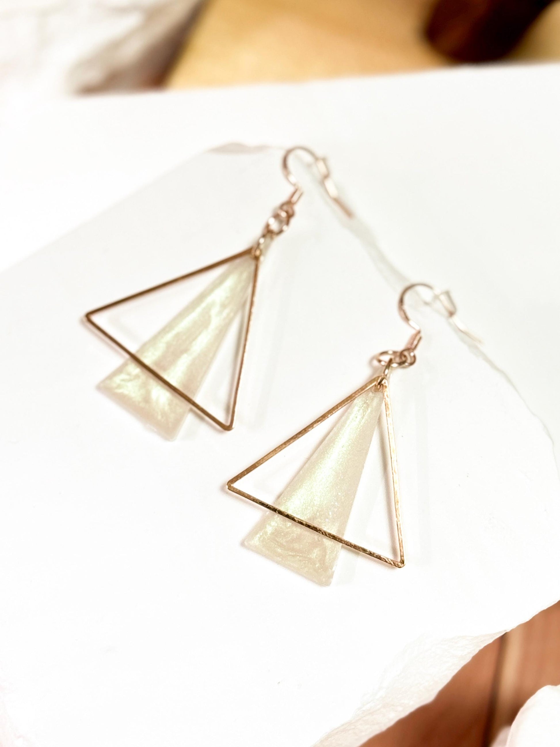 Rose Gold Triangle Earrings: Handmade Pearlescent Resin Dangle