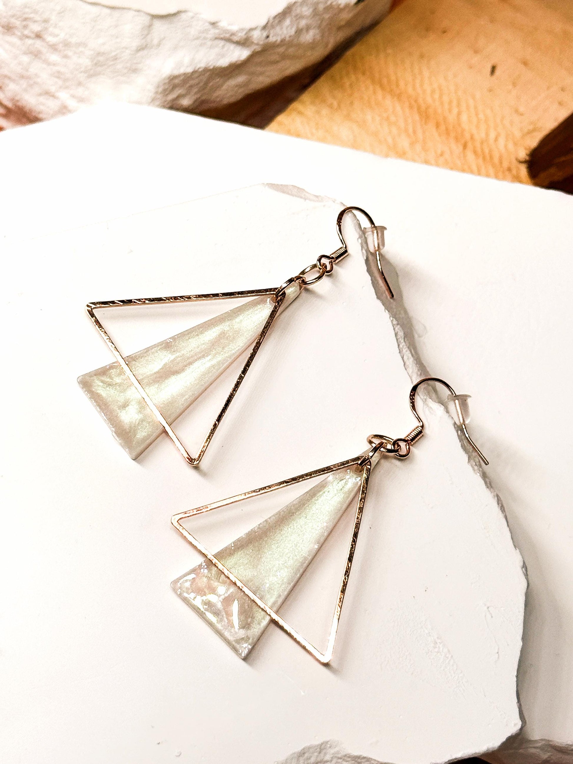 Rose Gold Triangle Earrings: Handmade Pearlescent Resin Dangle