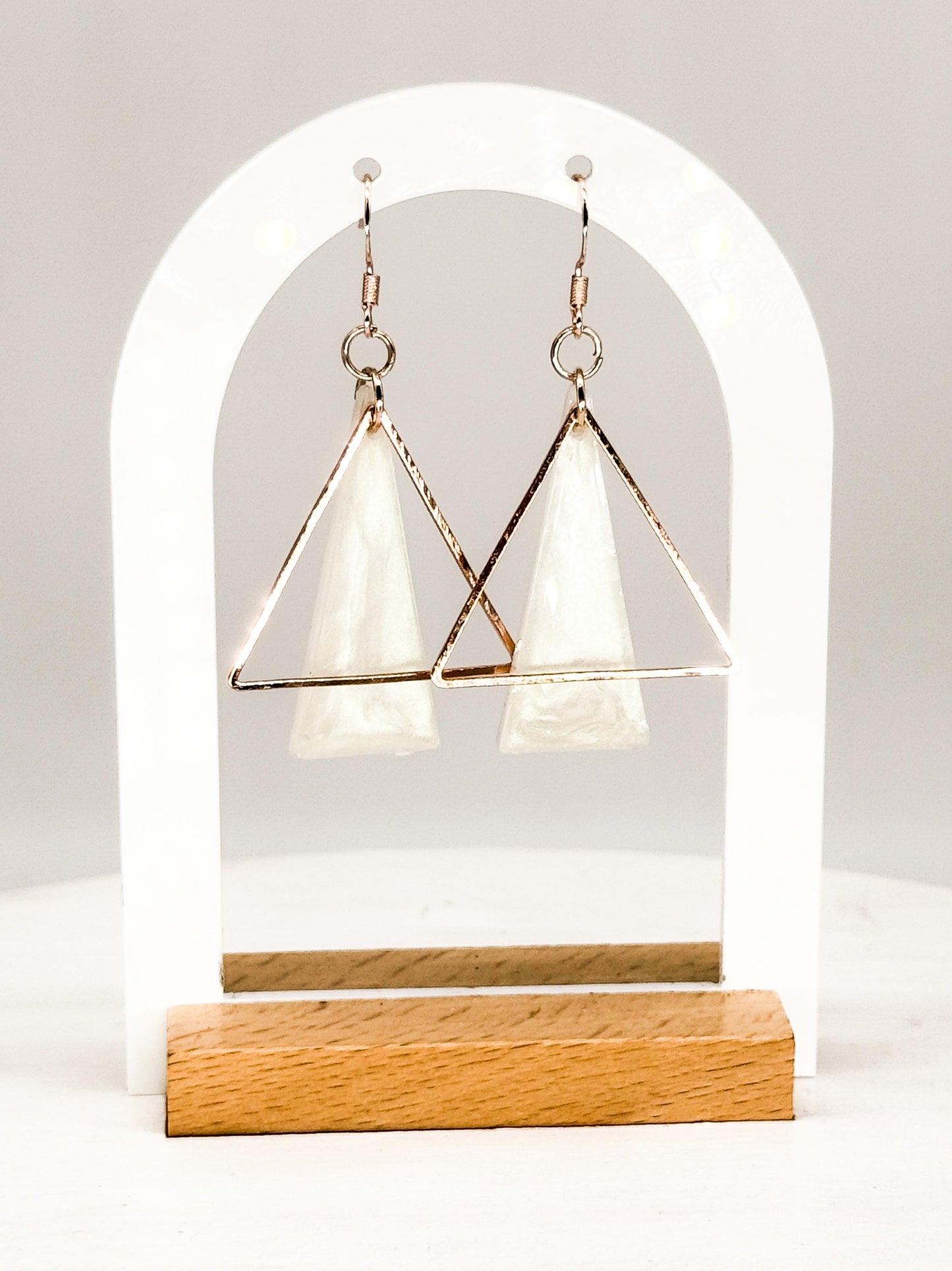 Rose Gold Triangle Earrings: Handmade Pearlescent Resin Dangle