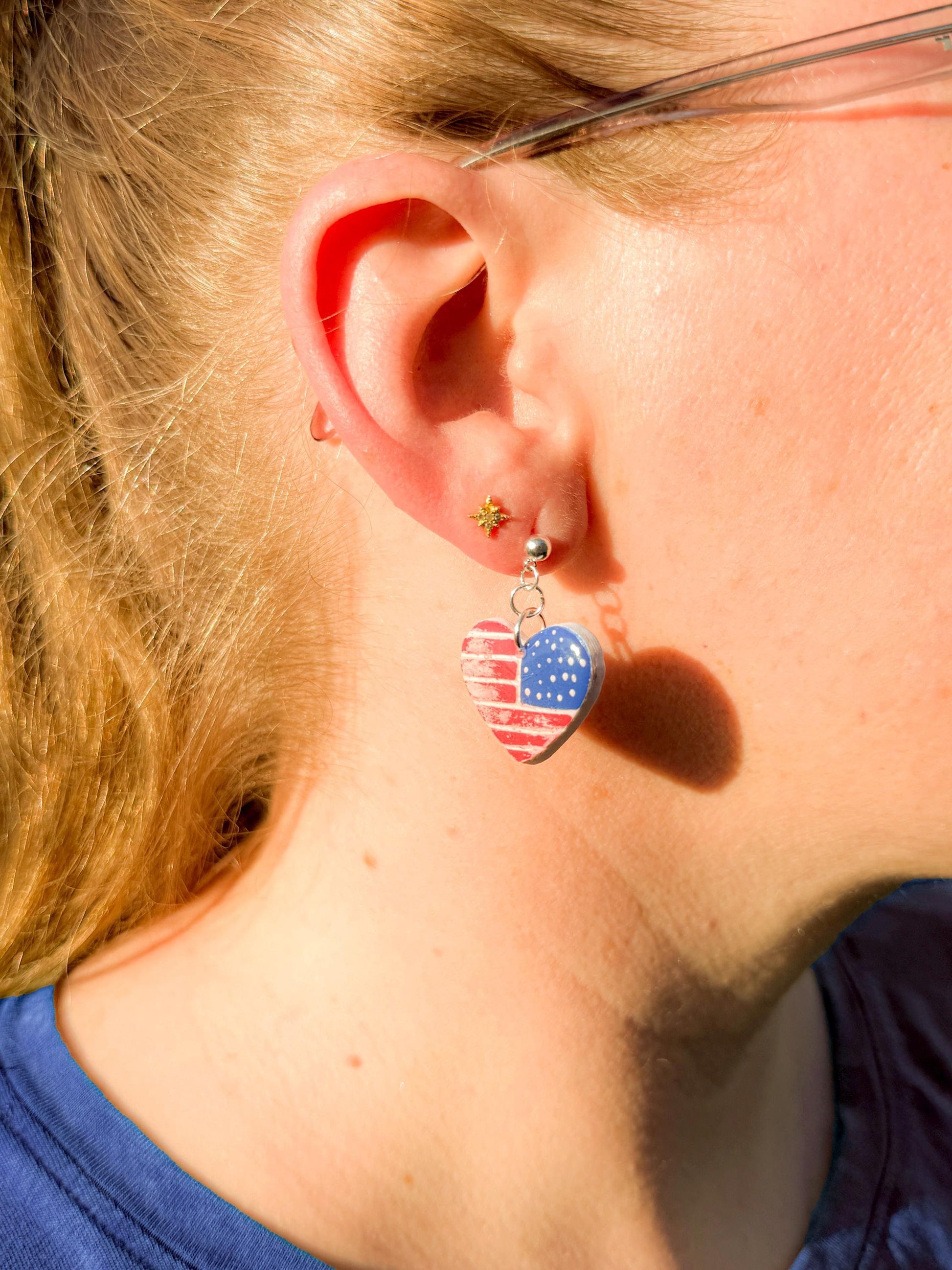 American Flag Earrings, Patriotic Earrings | Heart USA Dangle • Handmade Fourth of July Jewelry Gift
