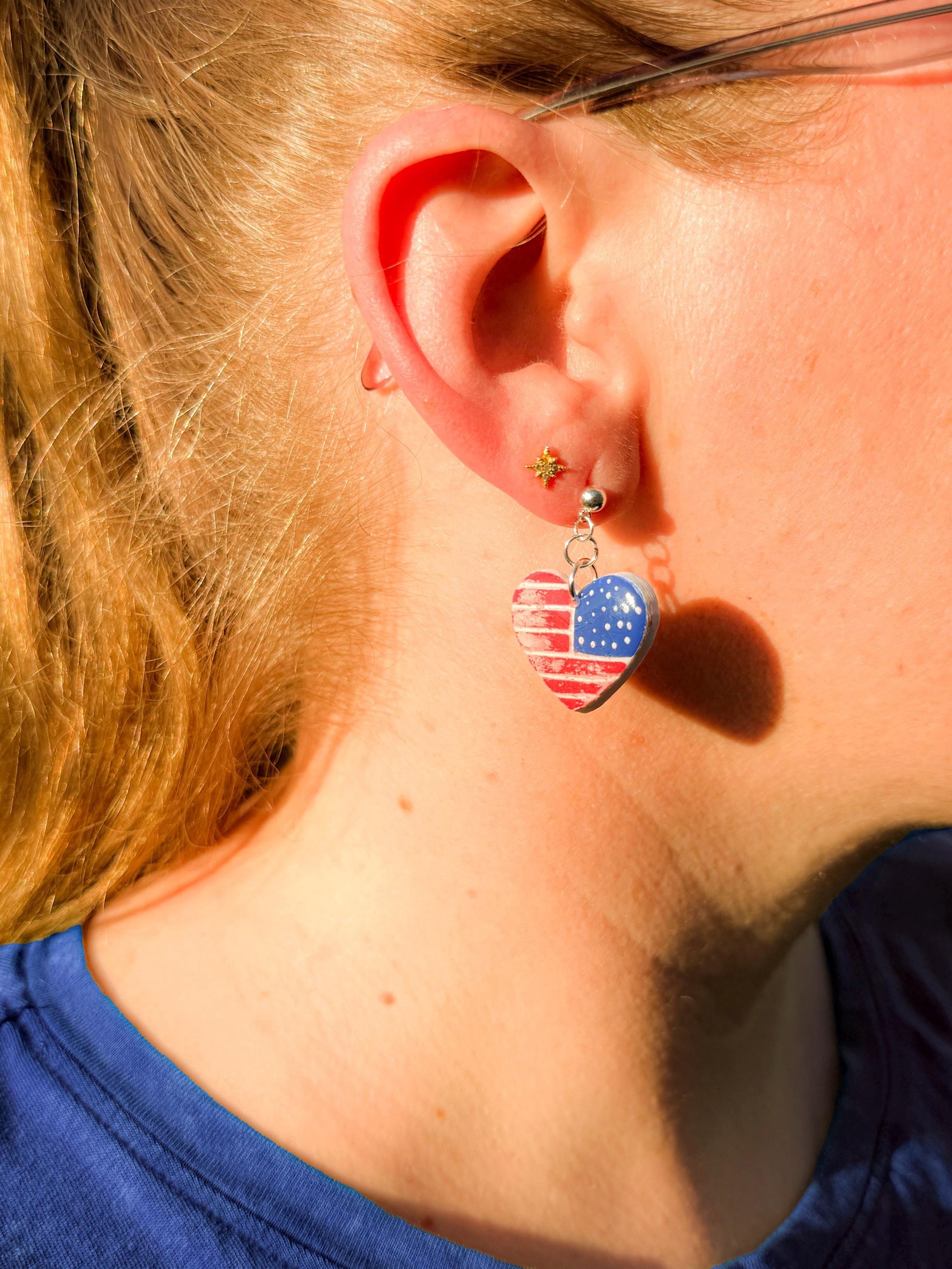 American Flag Earrings, Patriotic Earrings | Heart USA Dangle • Handmade Fourth of July Jewelry Gift
