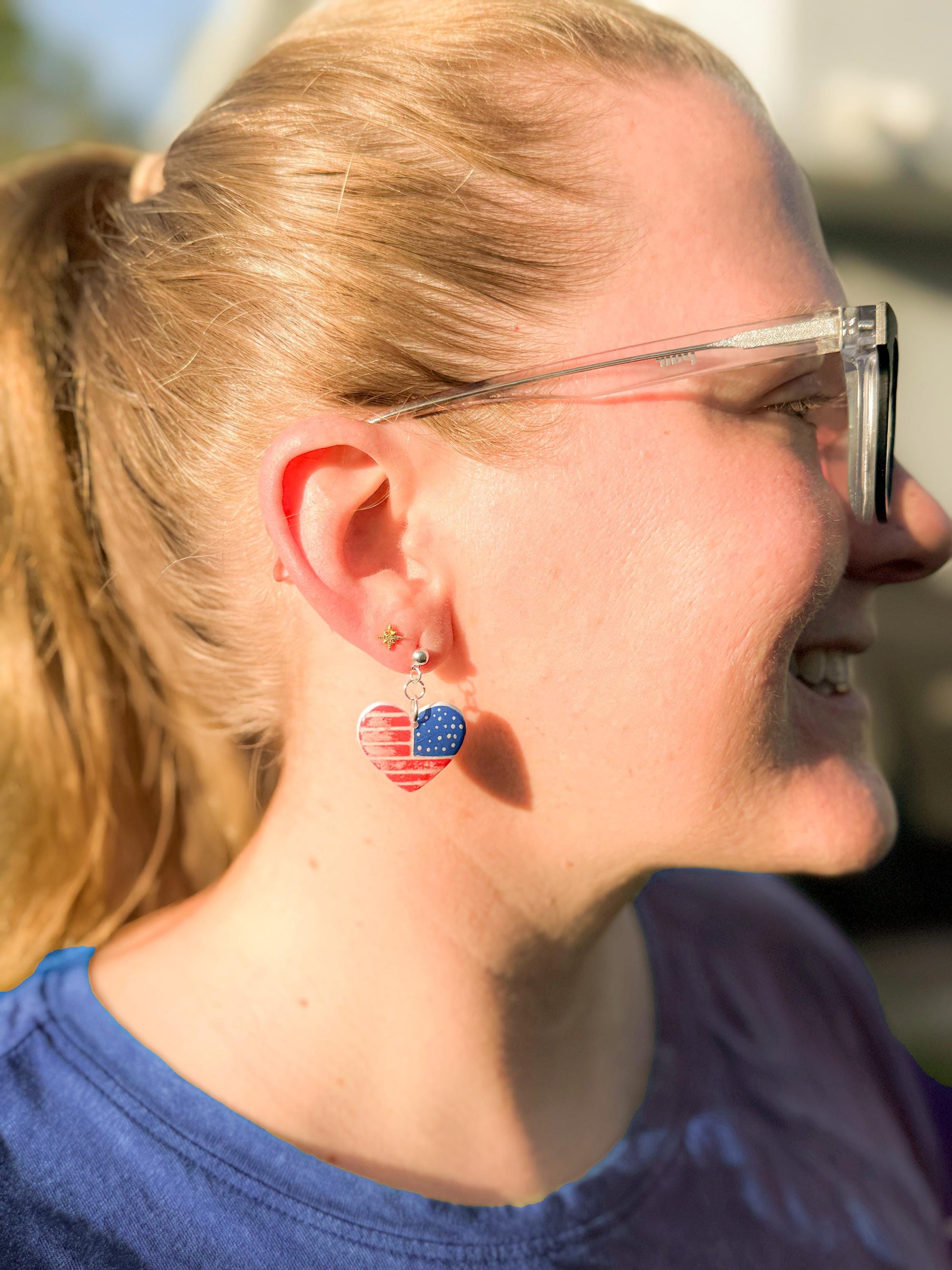 American Flag Earrings, Patriotic Earrings | Heart USA Dangle • Handmade Fourth of July Jewelry Gift