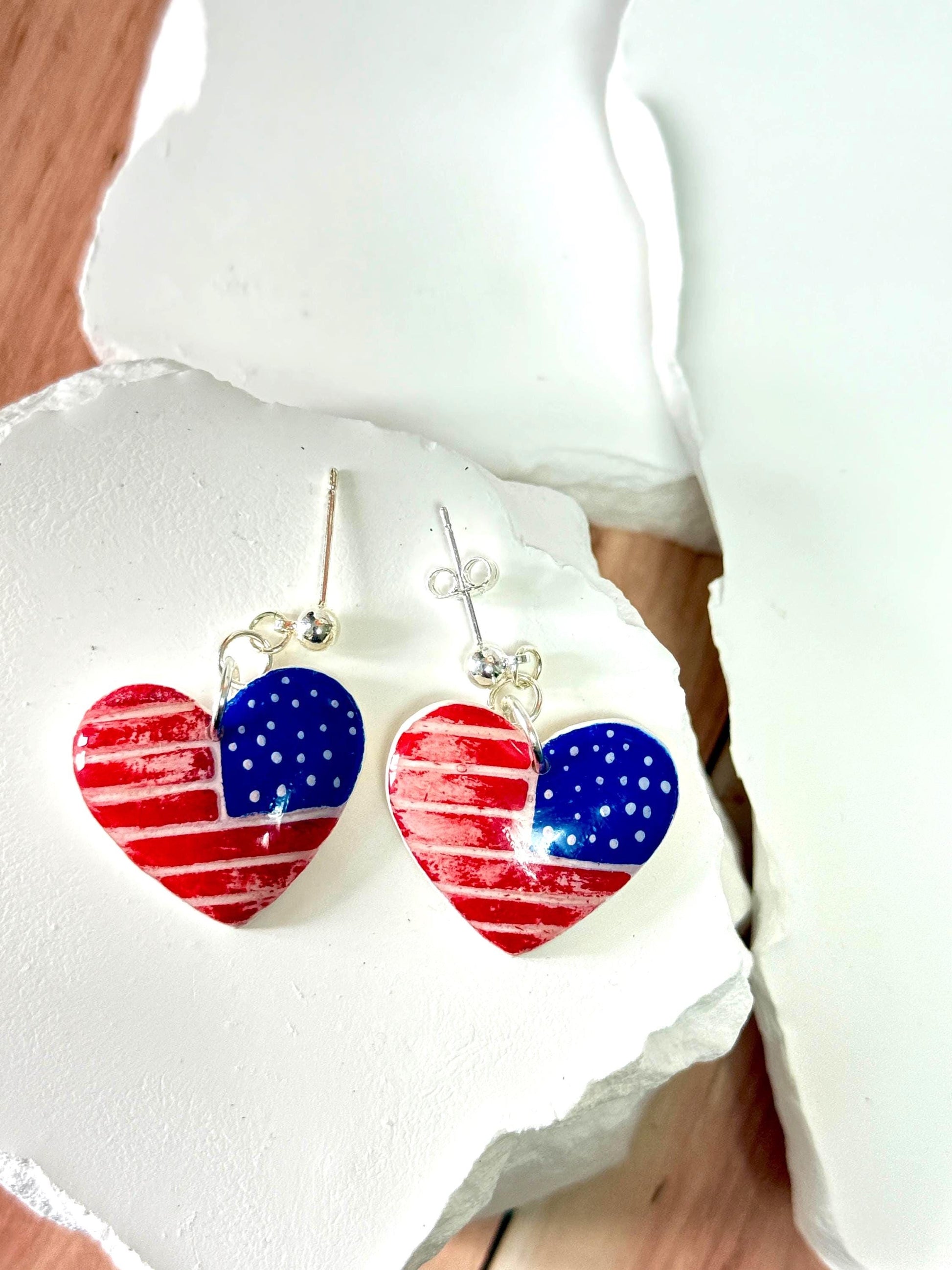 American Flag Earrings, Patriotic Earrings | Heart USA Dangle • Handmade Fourth of July Jewelry Gift