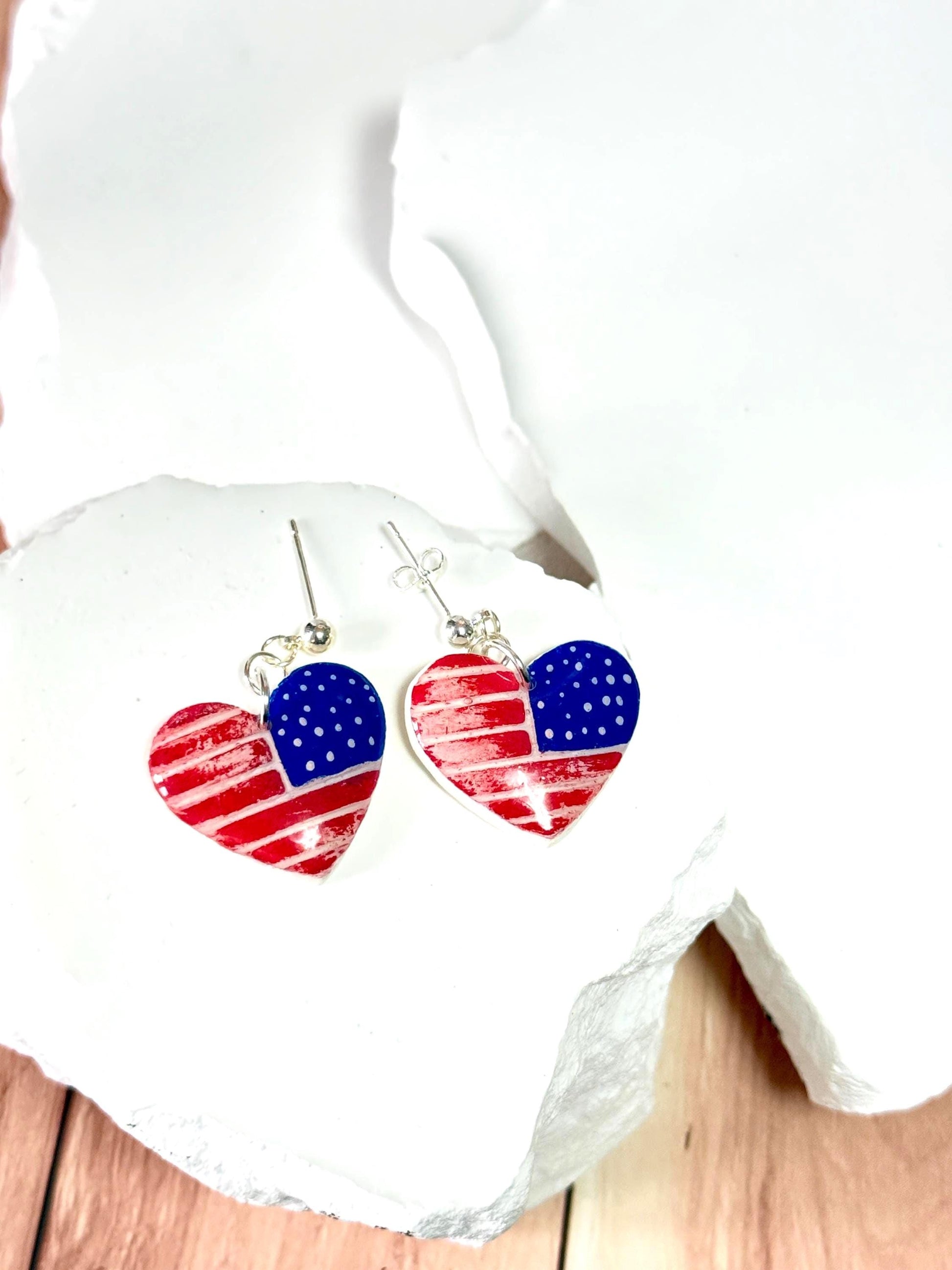 American Flag Earrings, Patriotic Earrings | Heart USA Dangle • Handmade Fourth of July Jewelry Gift