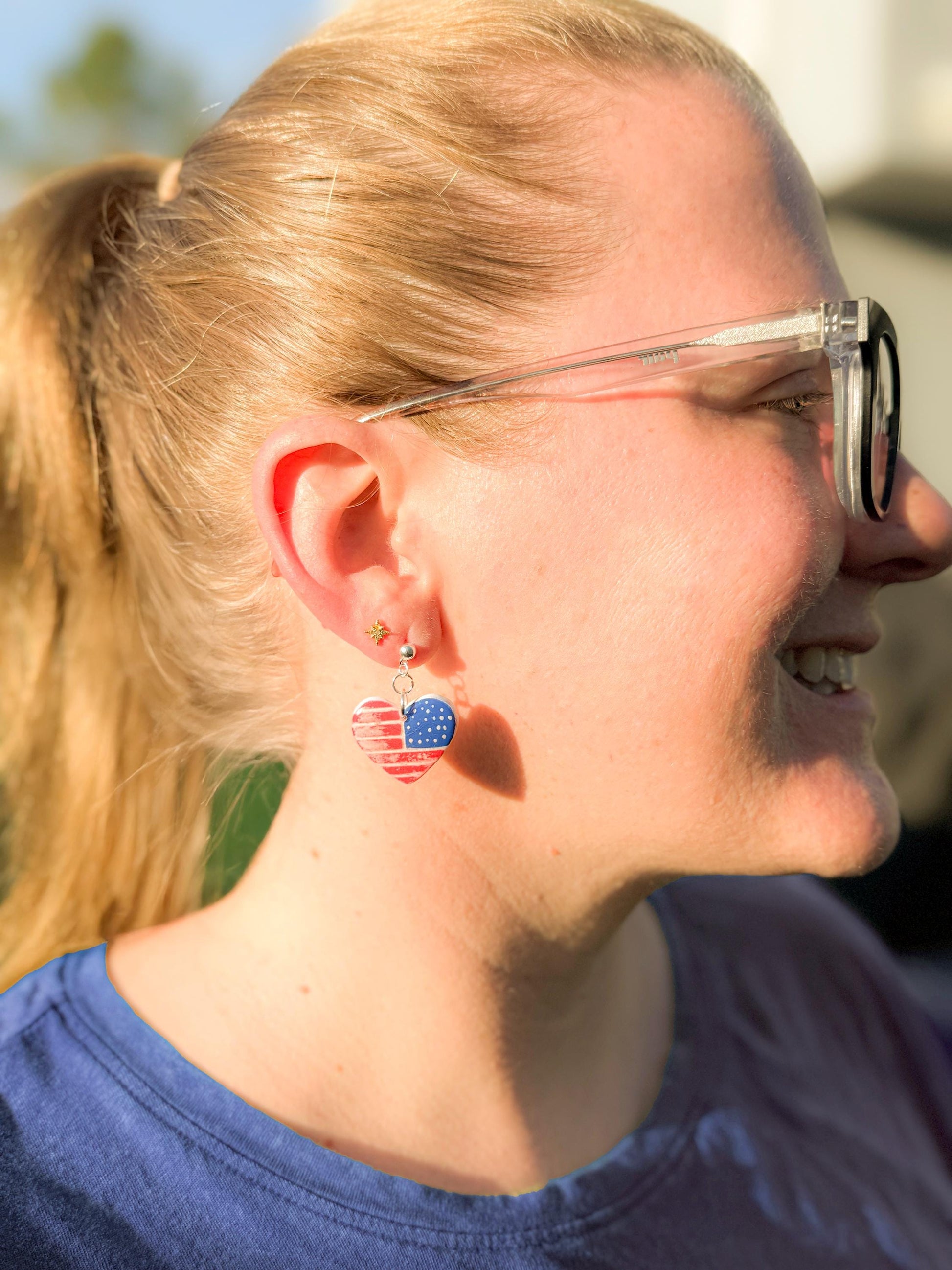 American Flag Earrings, Patriotic Earrings | Heart USA Dangle • Handmade Fourth of July Jewelry Gift