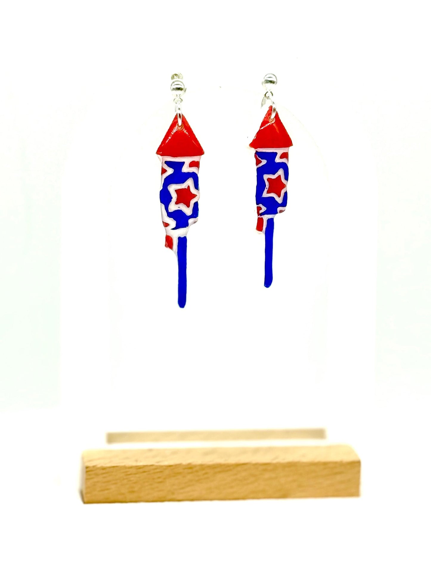Firework Rocket Earrings: Hand-Painted Patriotic Dangle - Gift Boxed