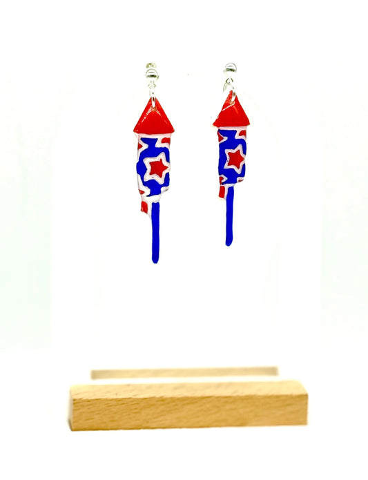 Firework Rocket Earrings: Hand-Painted Patriotic Dangle - Gift Boxed
