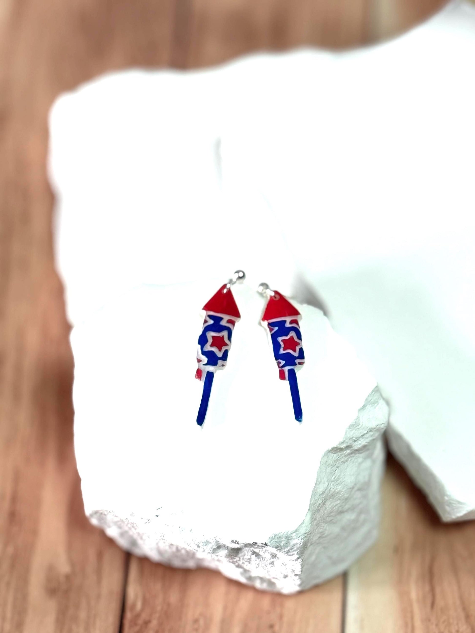 Firework Rocket Earrings: Hand-Painted Patriotic Dangle - Gift Boxed