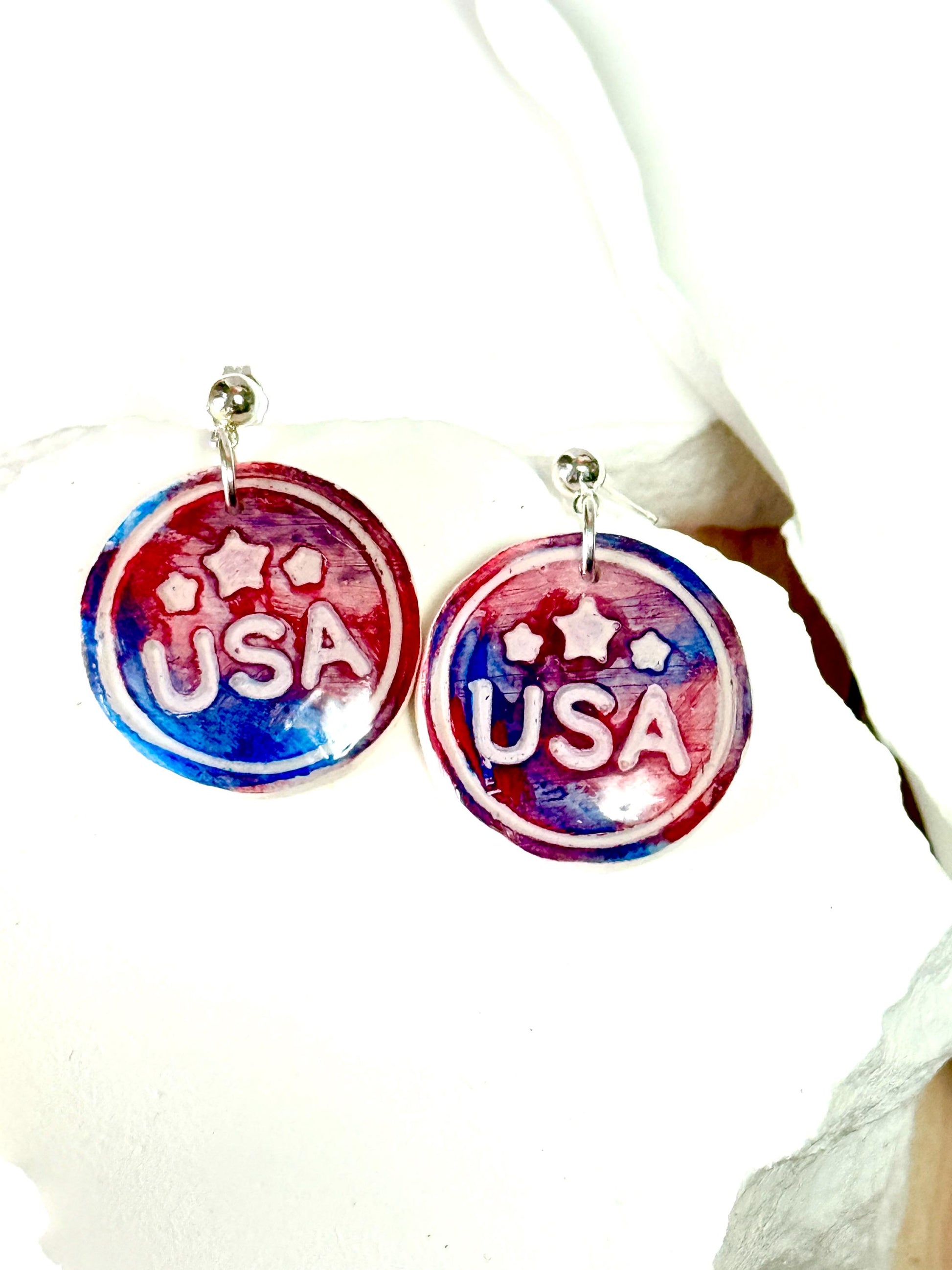 USA Earrings, Patriotic Earrings | Polymer-Clay Medal Dangle • Red-White-Blue Resin Gift in White Box