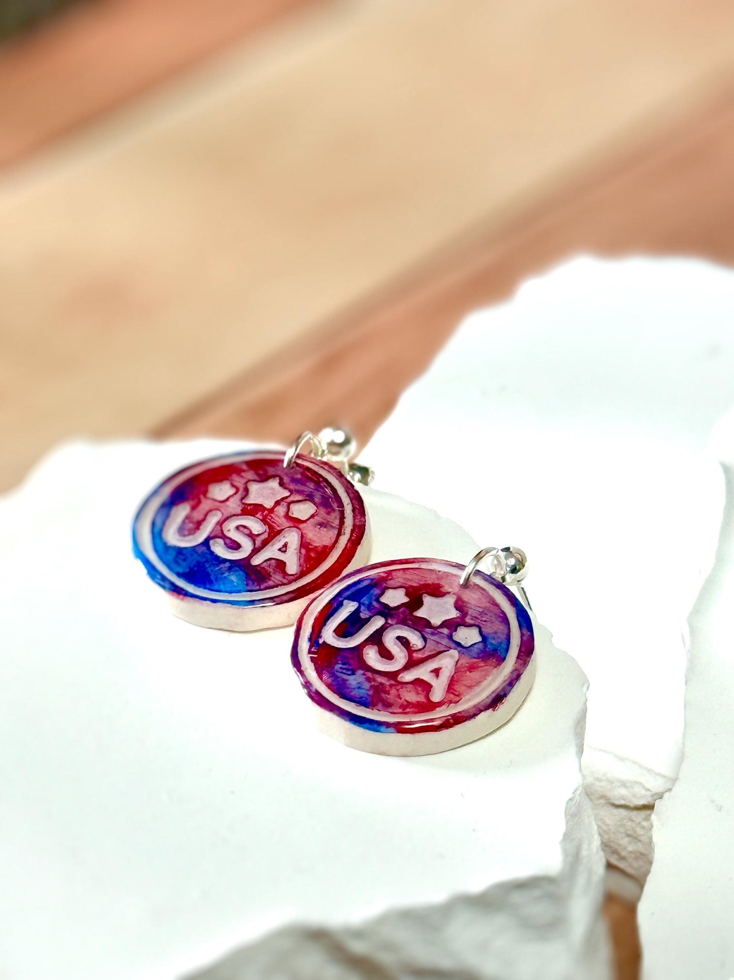 USA Earrings, Patriotic Earrings | Polymer-Clay Medal Dangle • Red-White-Blue Resin Gift in White Box