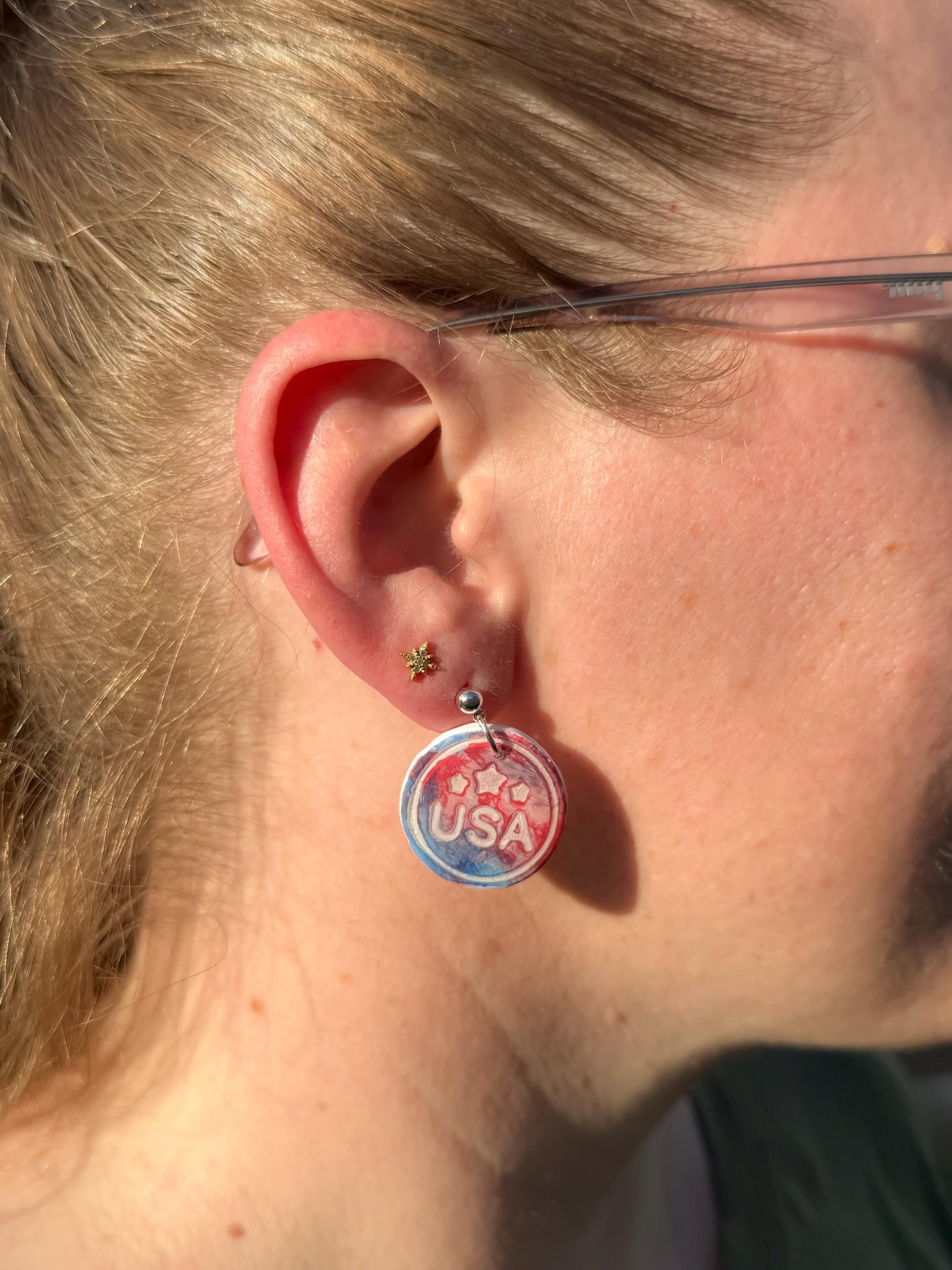 USA Earrings, Patriotic Earrings | Polymer-Clay Medal Dangle • Red-White-Blue Resin Gift in White Box