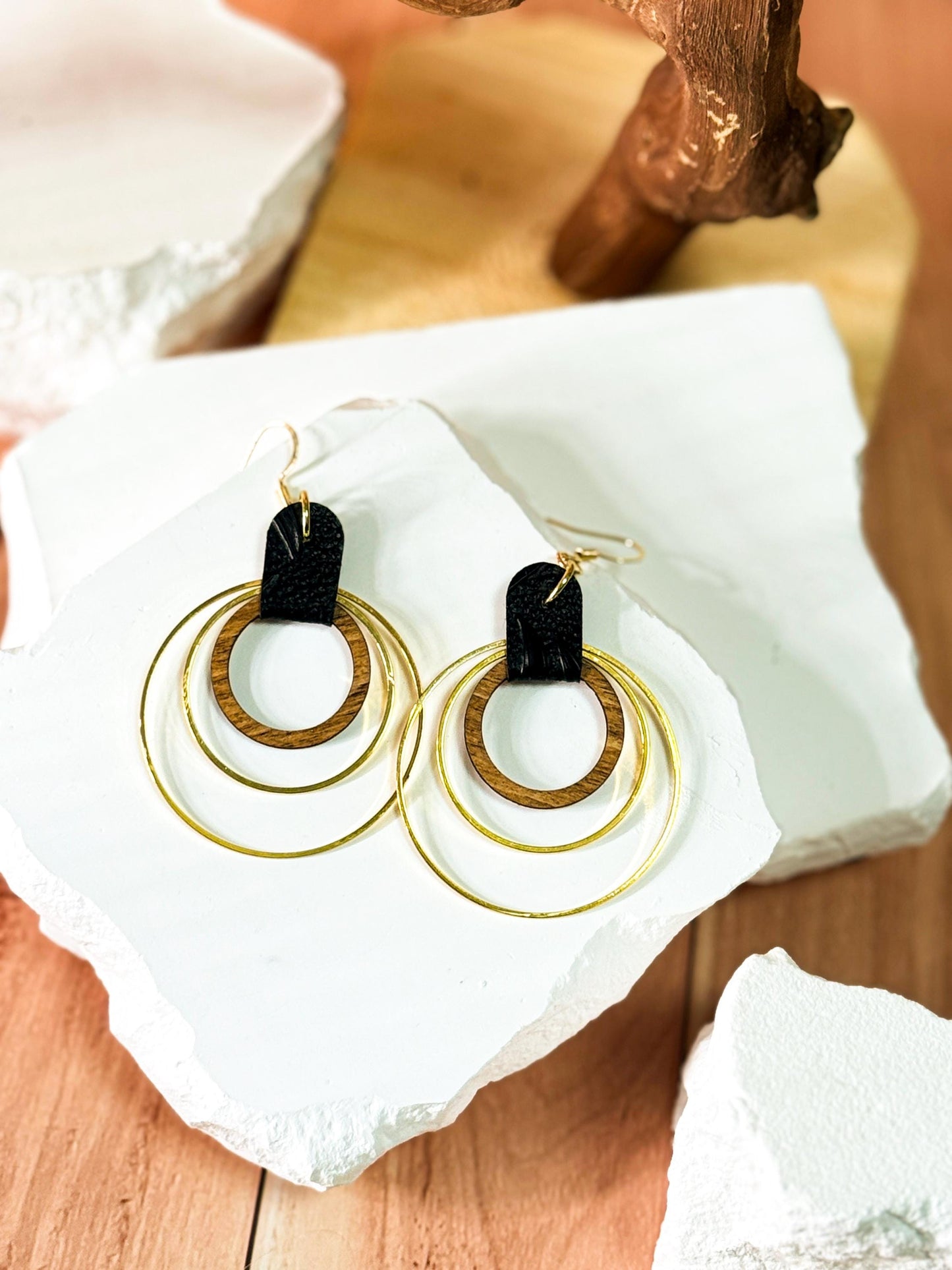 Handmade Black Leather & Gold Wooden Circle Drop Earrings - Unique Statement Jewelry