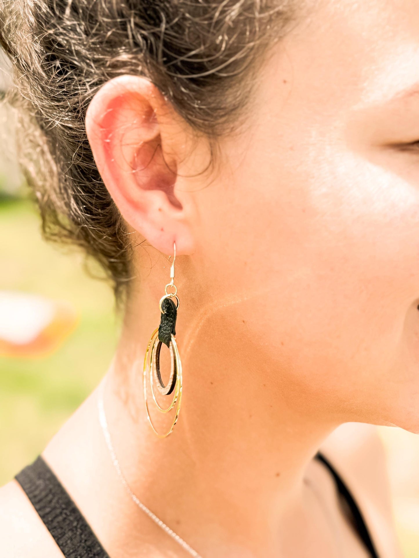 Handmade Black Leather & Gold Wooden Circle Drop Earrings - Unique Statement Jewelry