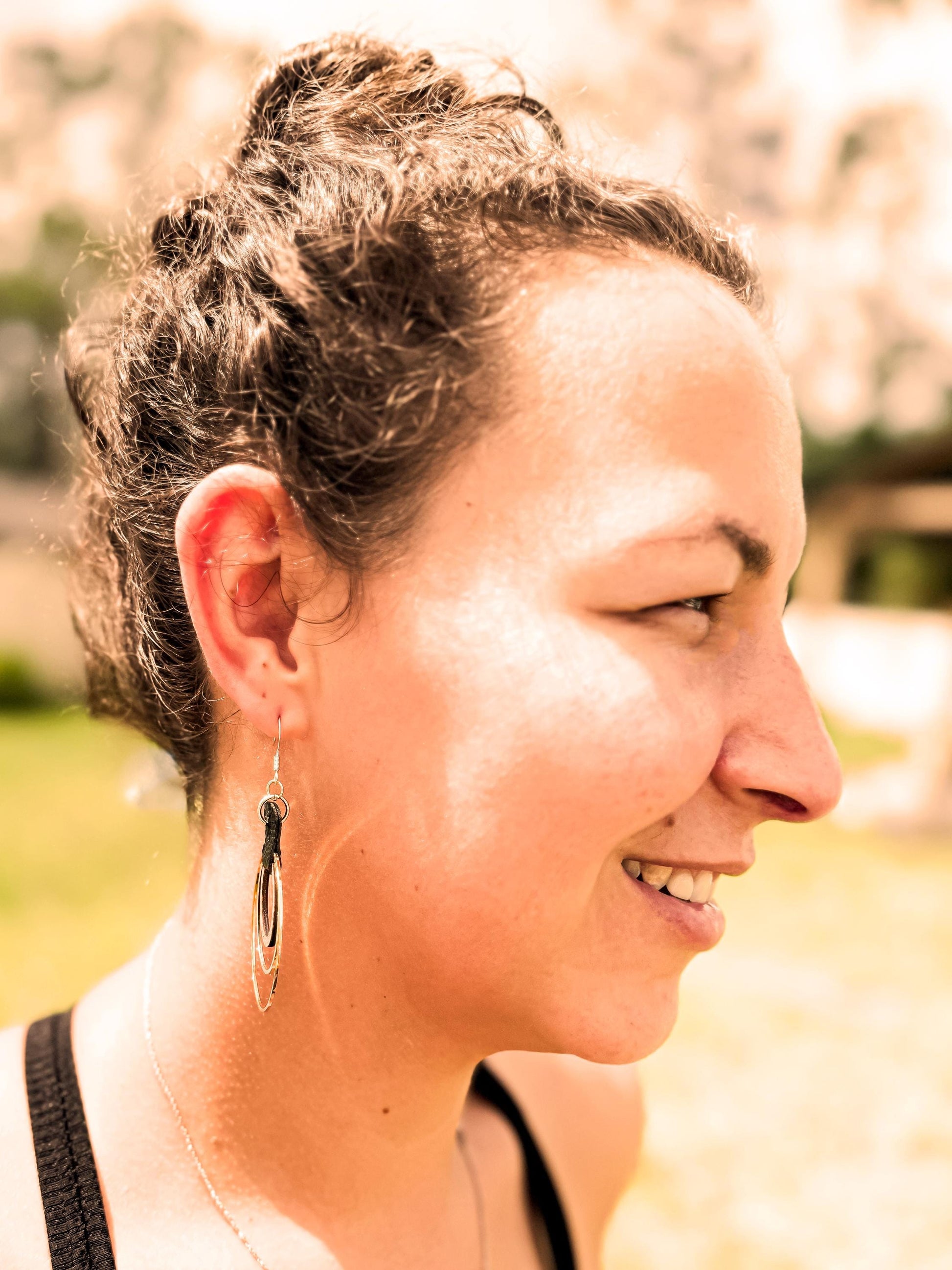 Handmade Black Leather & Gold Wooden Circle Drop Earrings - Unique Statement Jewelry