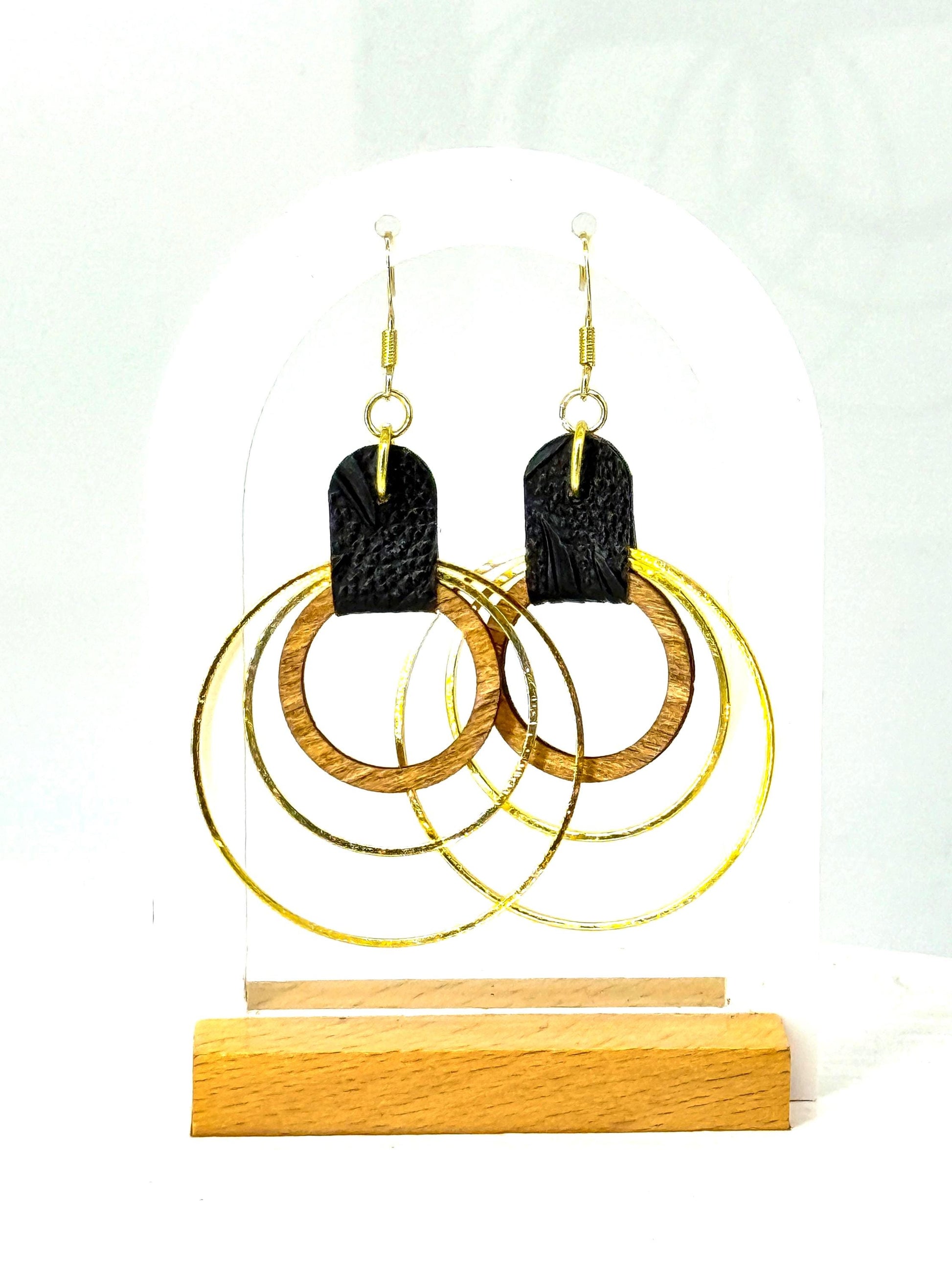 Handmade Black Leather & Gold Wooden Circle Drop Earrings - Unique Statement Jewelry
