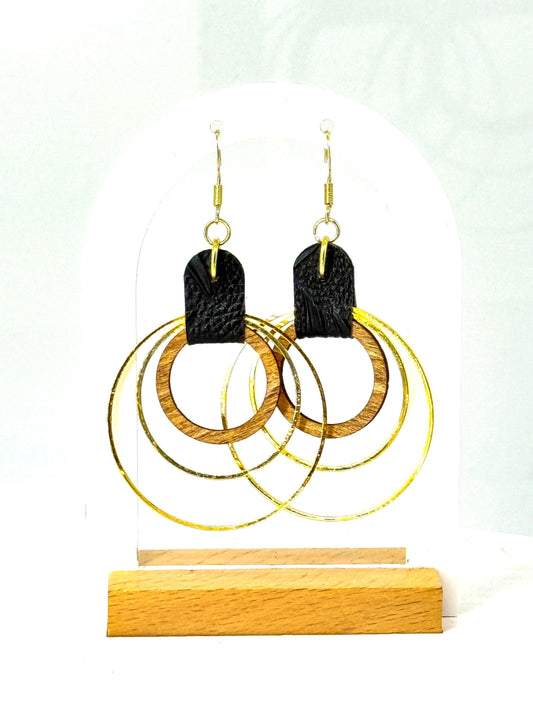Handmade Black Leather & Gold Wooden Circle Drop Earrings - Unique Statement Jewelry