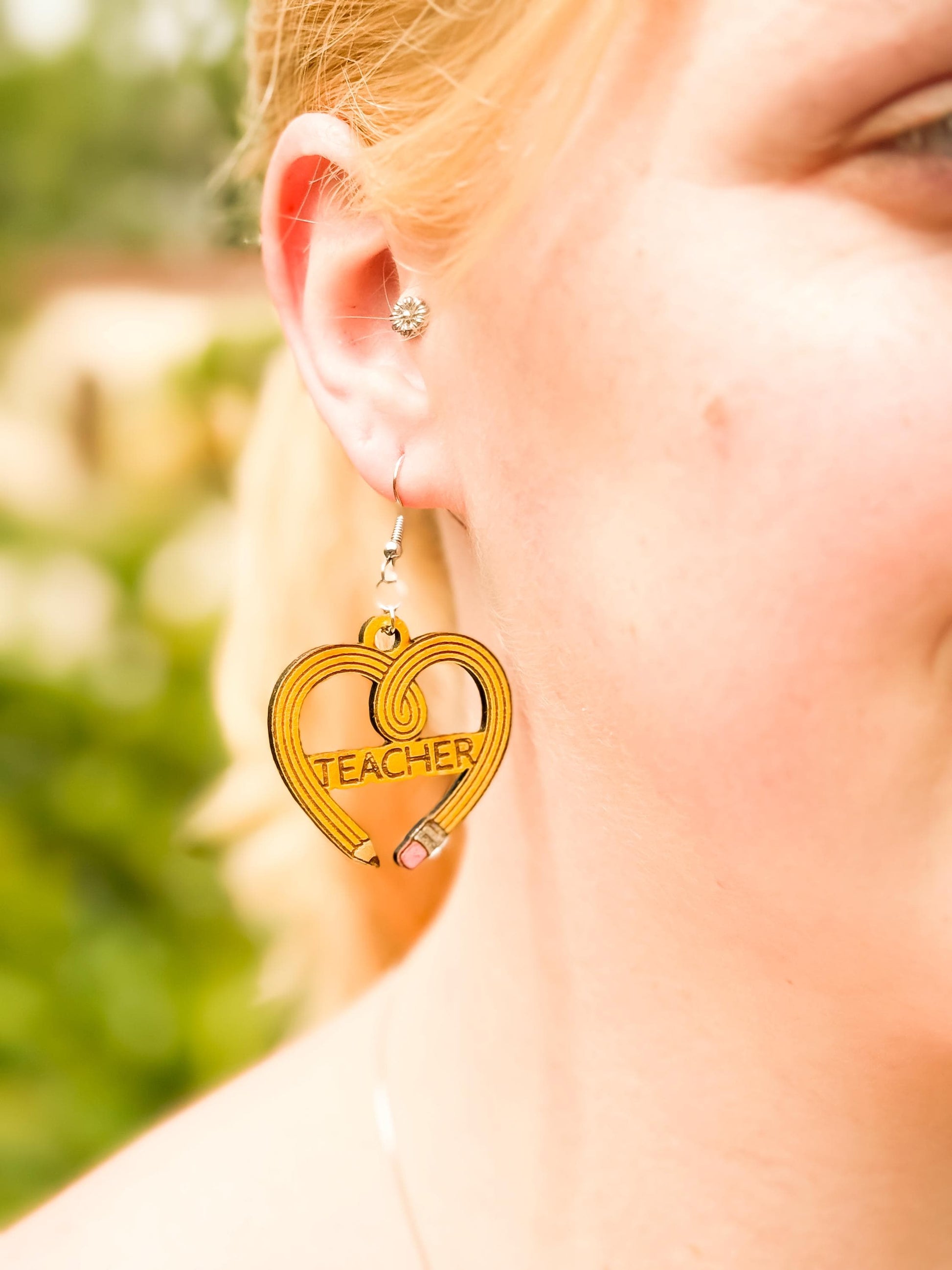 Customizable Teacher Pencil Heart Earrings – Woodcut & Engraved Design