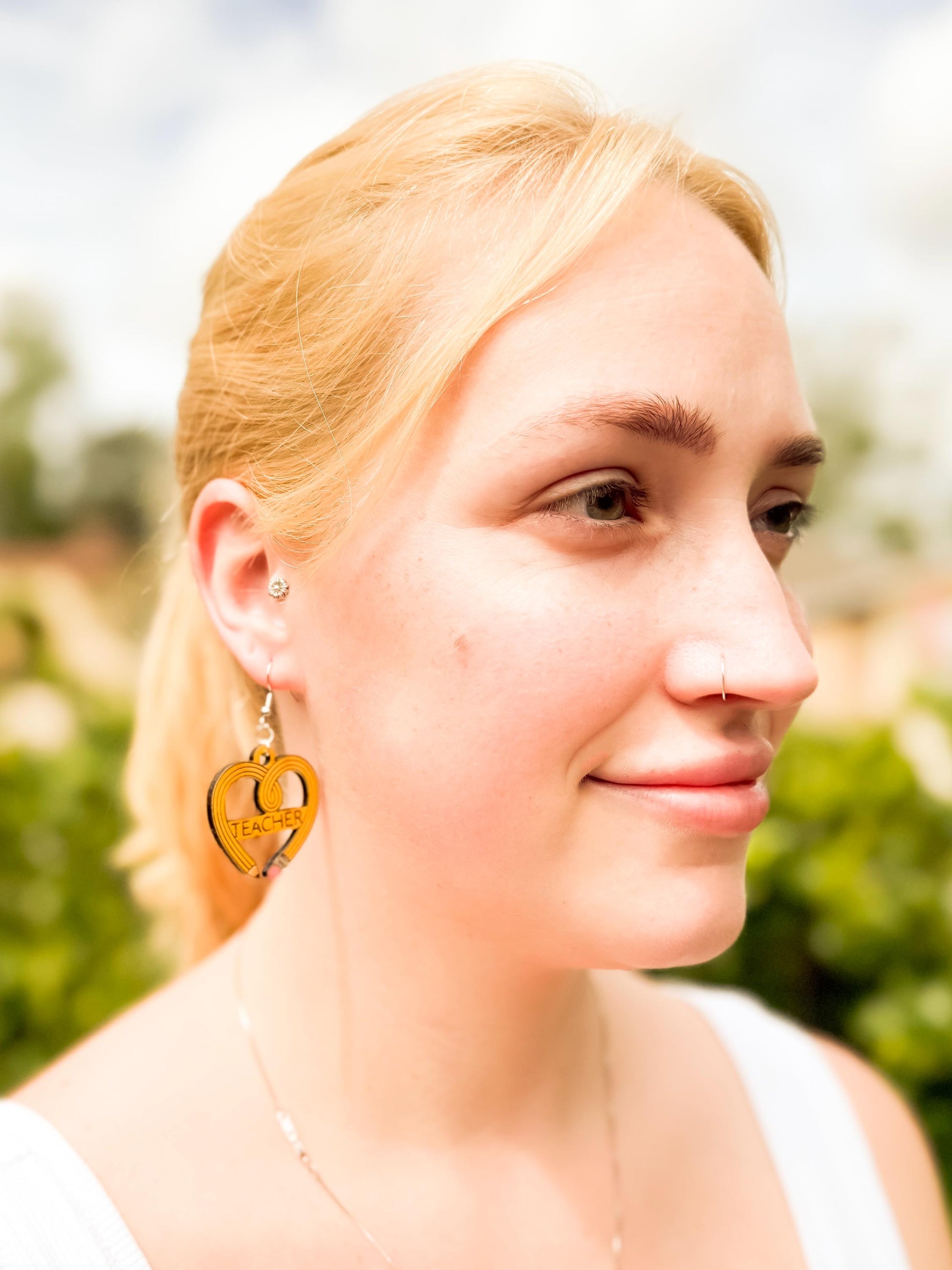 Customizable Teacher Pencil Heart Earrings – Woodcut & Engraved Design