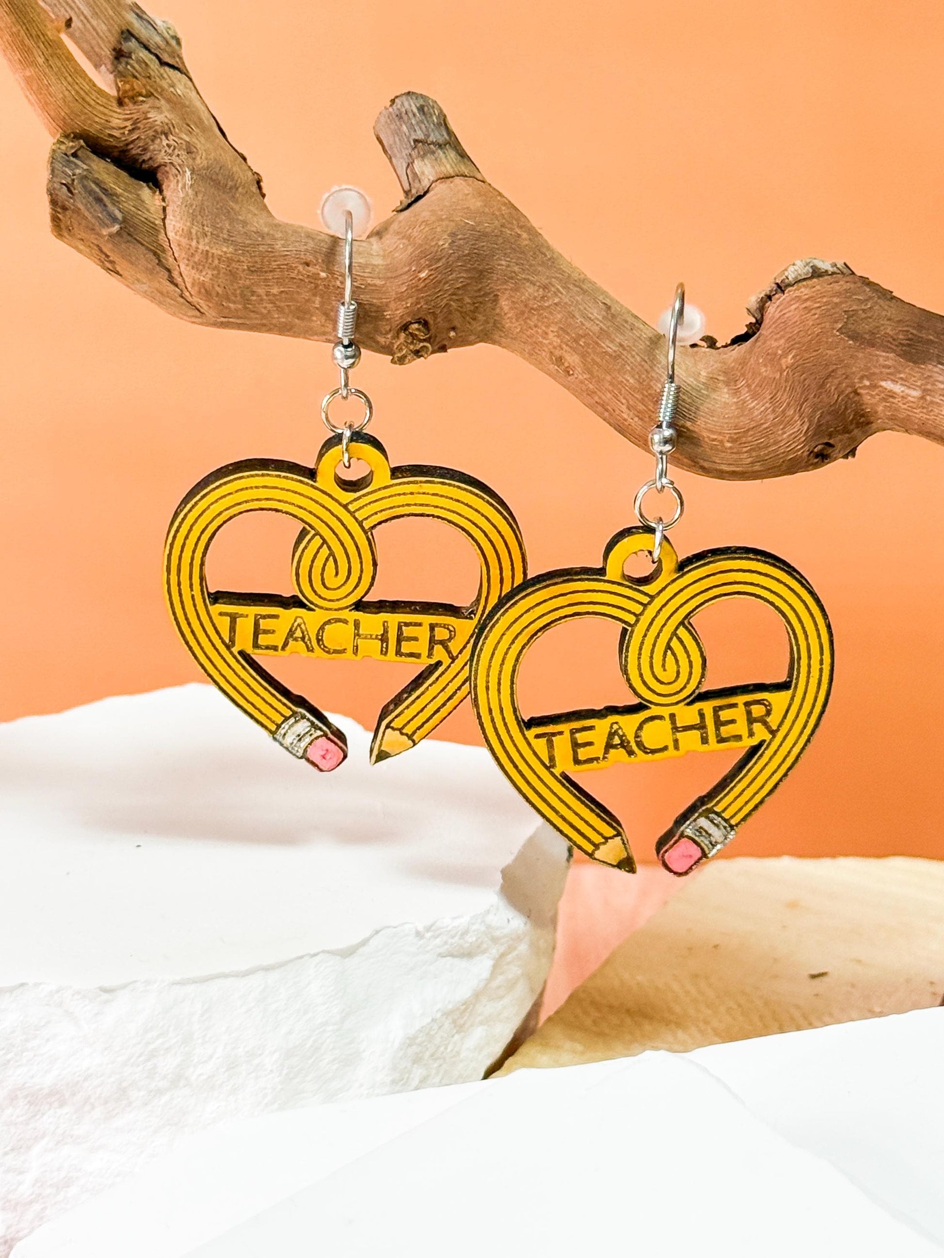 Customizable Teacher Pencil Heart Earrings – Woodcut & Engraved Design
