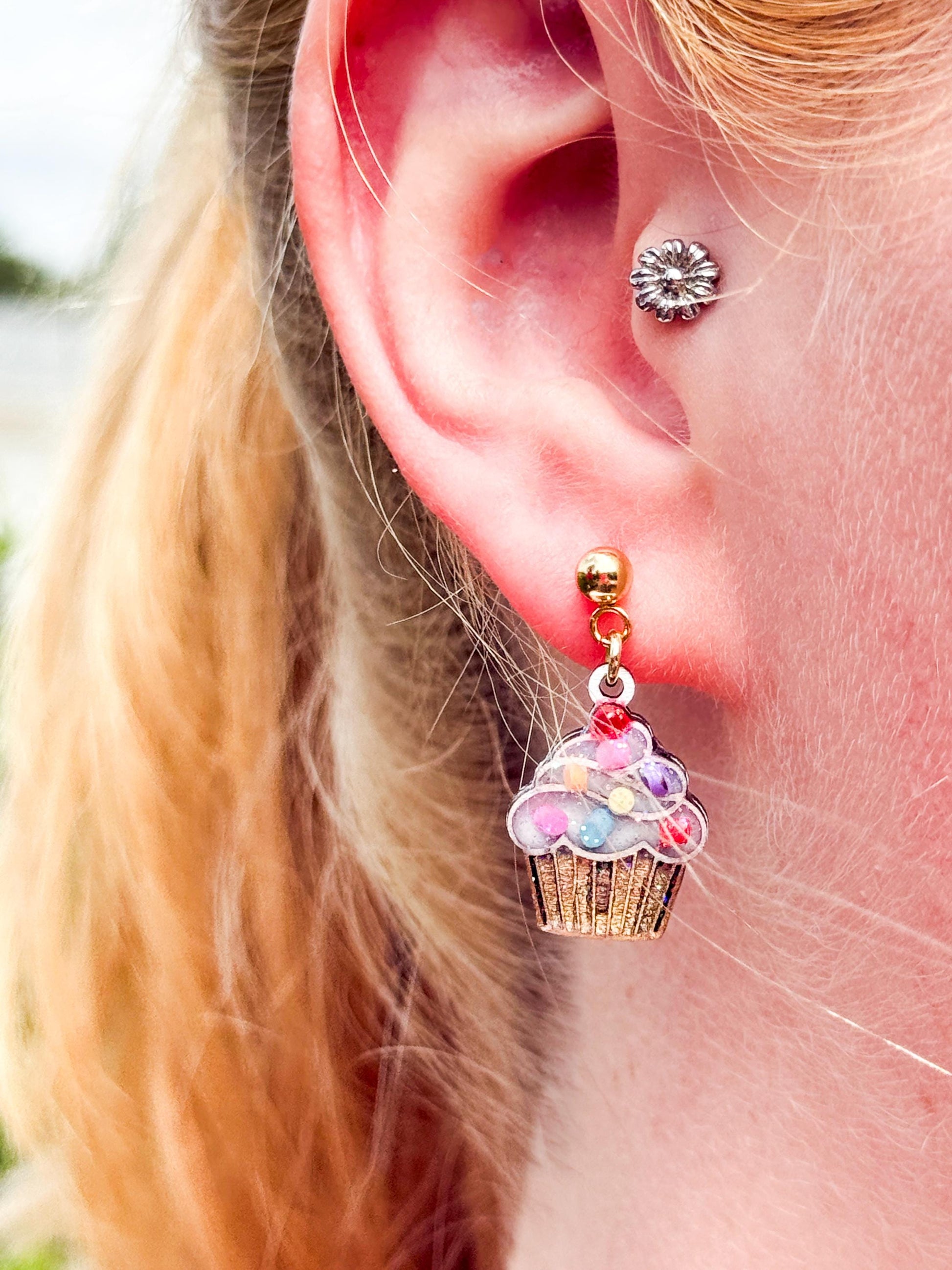 Glitter Sprinkle Cupcake Earrings: Handmade Resin Dessert Jewelry