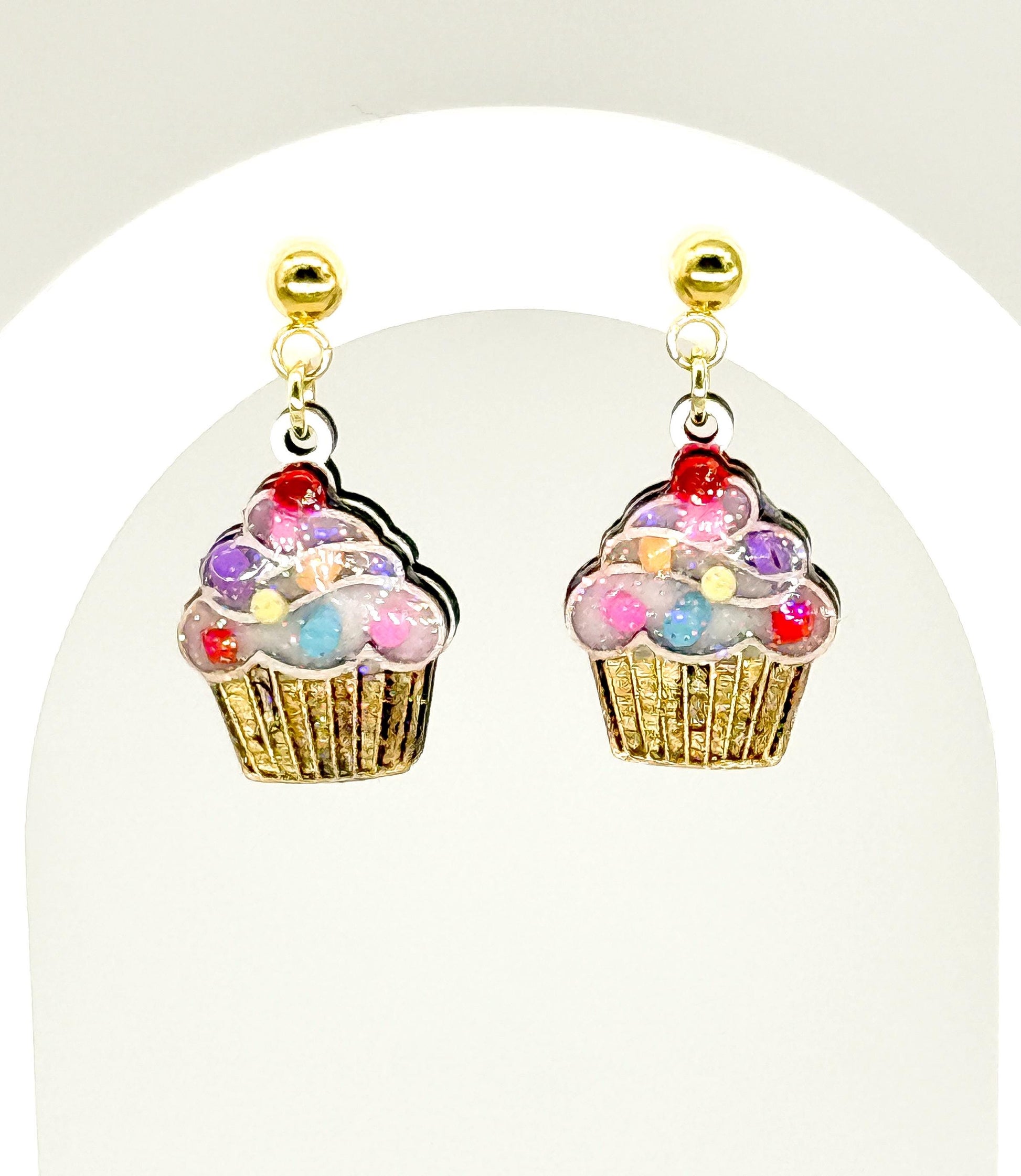 Glitter Sprinkle Cupcake Earrings: Handmade Resin Dessert Jewelry