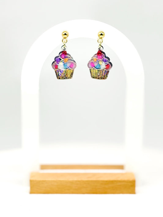 Glitter Sprinkle Cupcake Earrings: Handmade Resin Dessert Jewelry