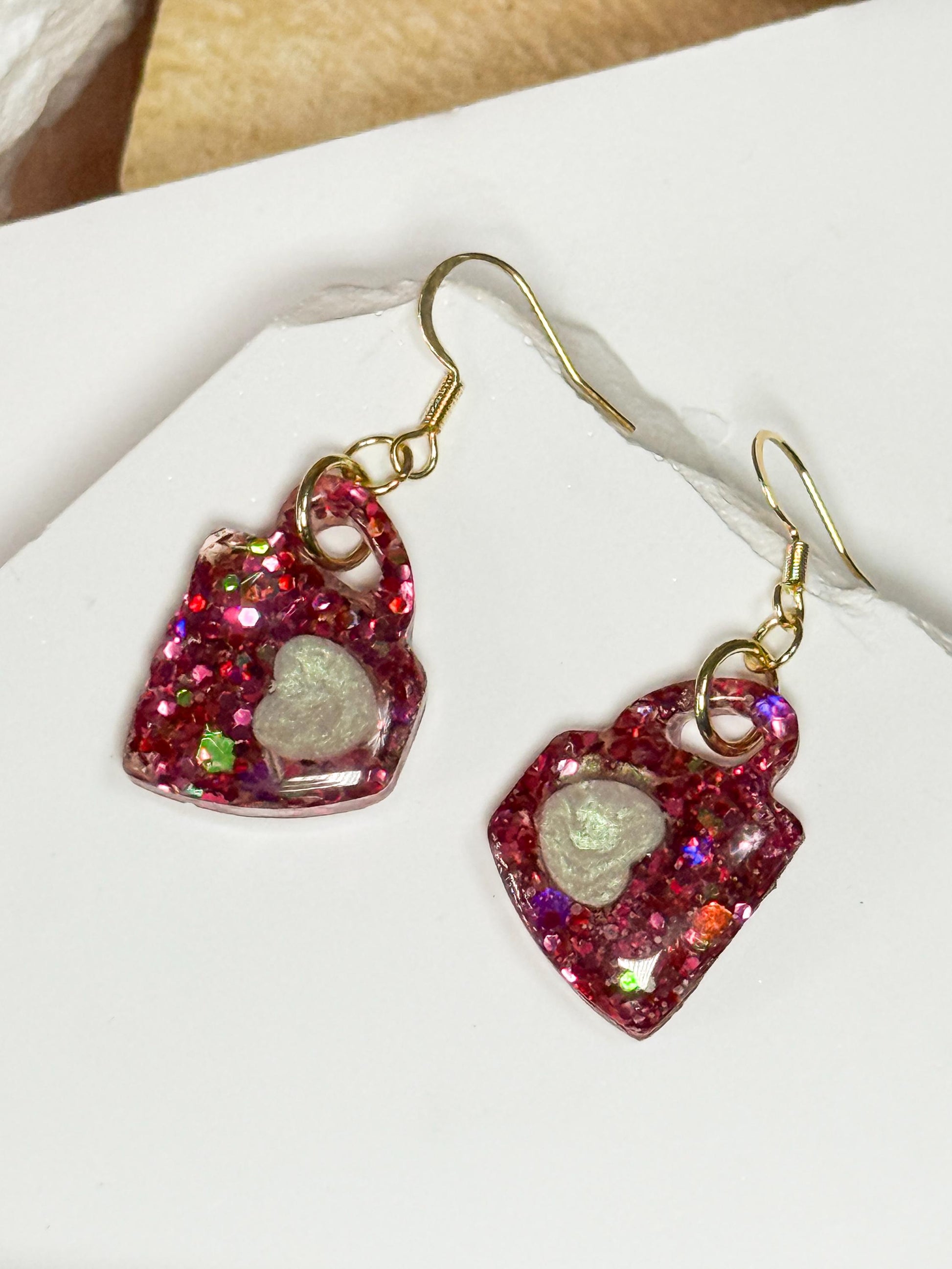 Coffee Mug Earrings, Pink Resin Earrings | Glitter Cup Dangle • Handmade Barista-Lover Gift
