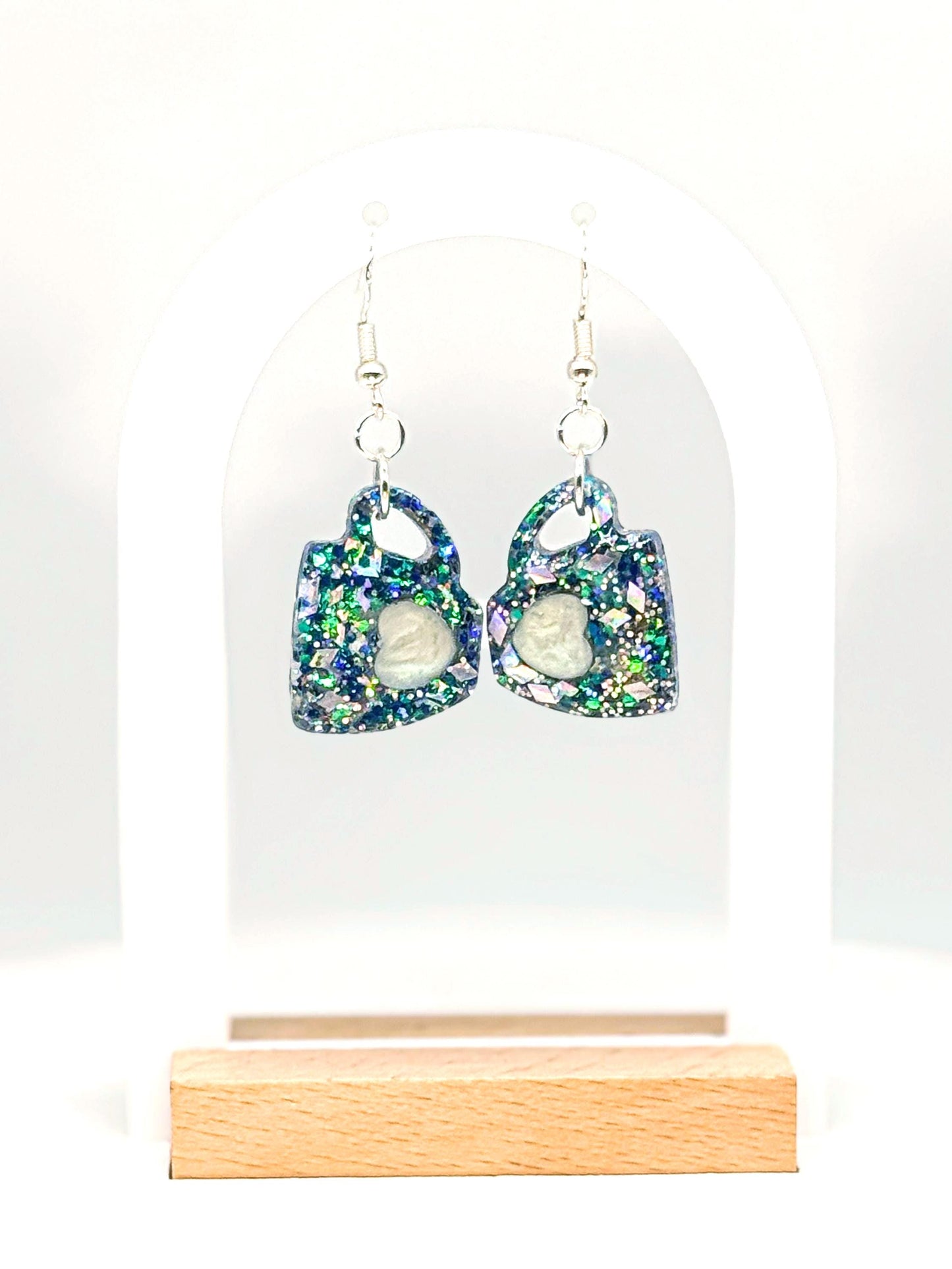 Coffee Mug Earrings, Resin Earrings | Glitter Holographic Cup Dangle • Handmade Coffee-Lover Gift