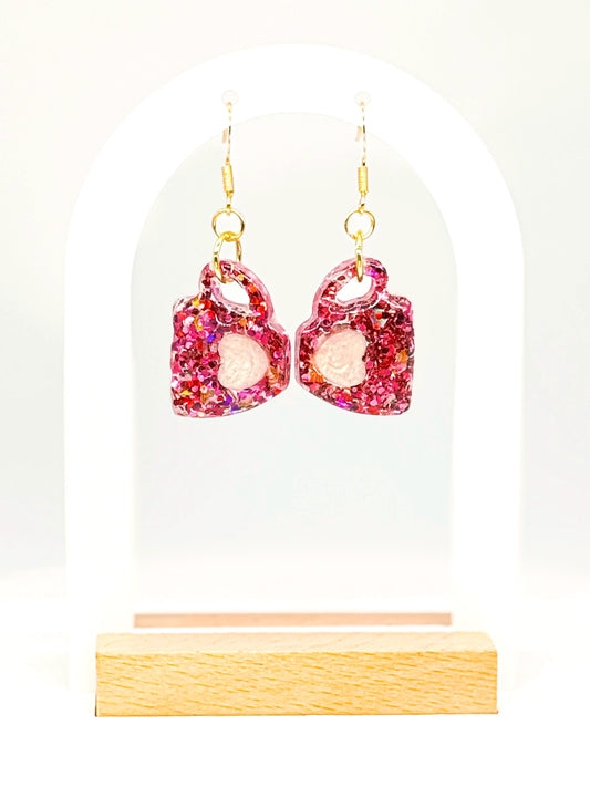 Coffee Mug Earrings, Pink Resin Earrings | Glitter Cup Dangle • Handmade Barista-Lover Gift