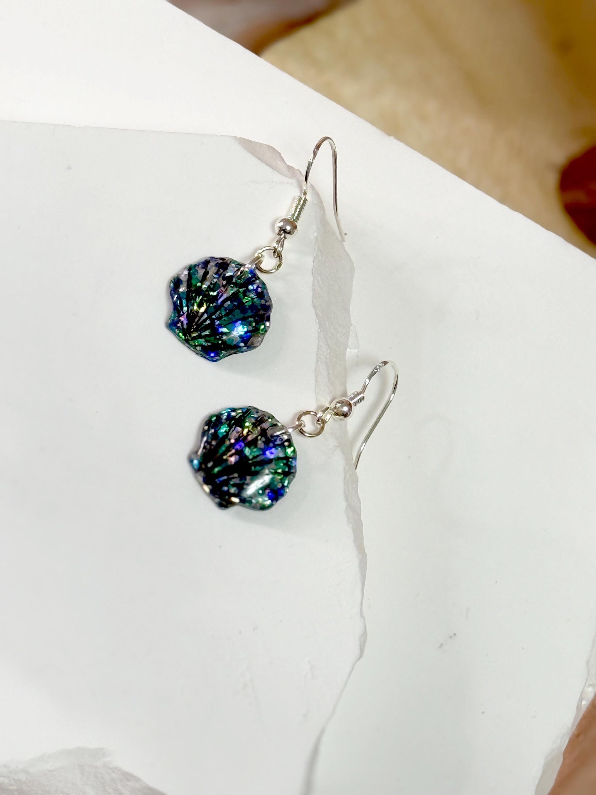 Glitter Resin Seashell Earrings: Hand-Painted Black Detail, Beach Jewelry